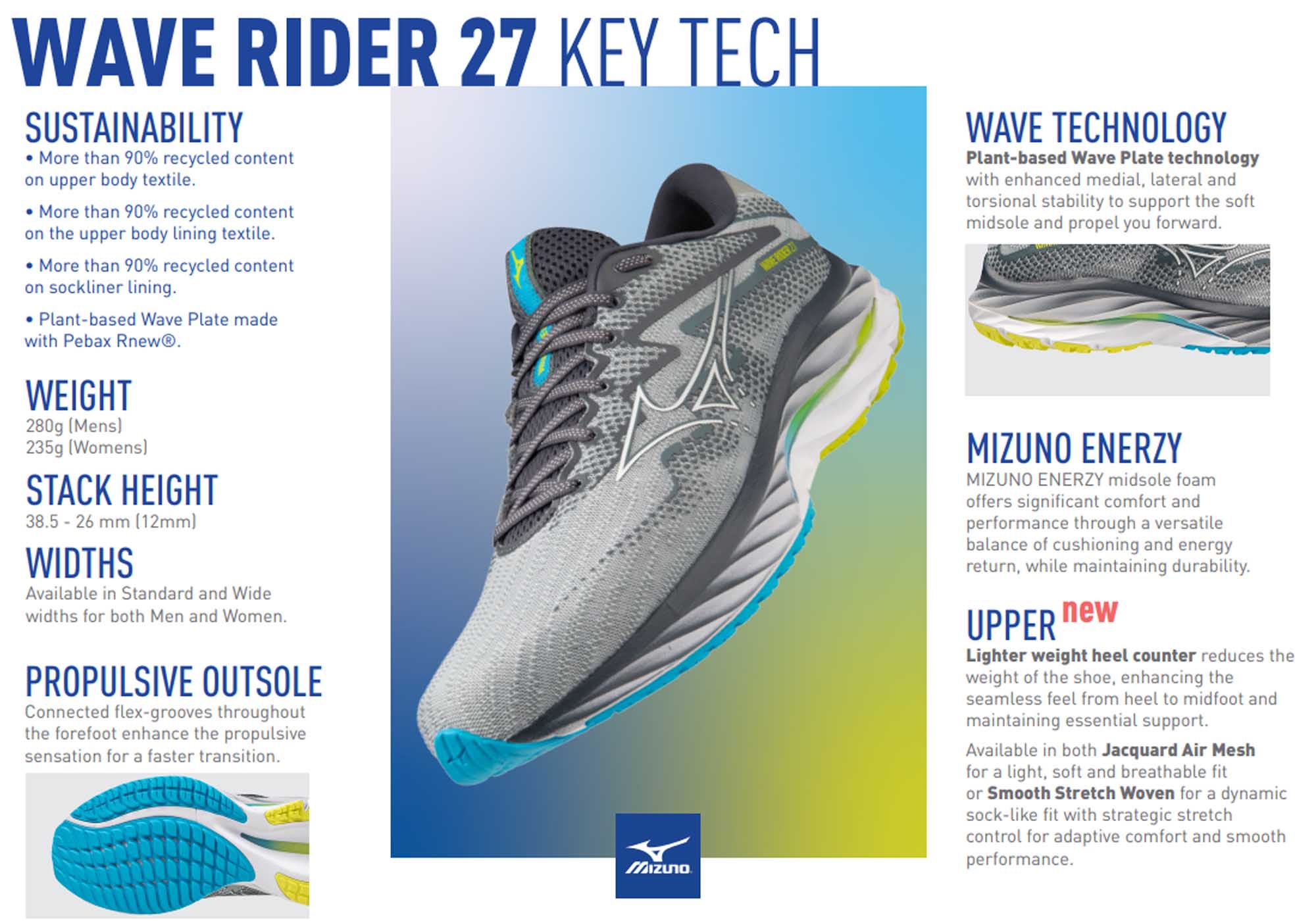 Mizuno Men's Wave Rider 27 Wide Running Shoes - Comfortable Cushioned Athletic Footwear for Jogging, Training & Daily Wear