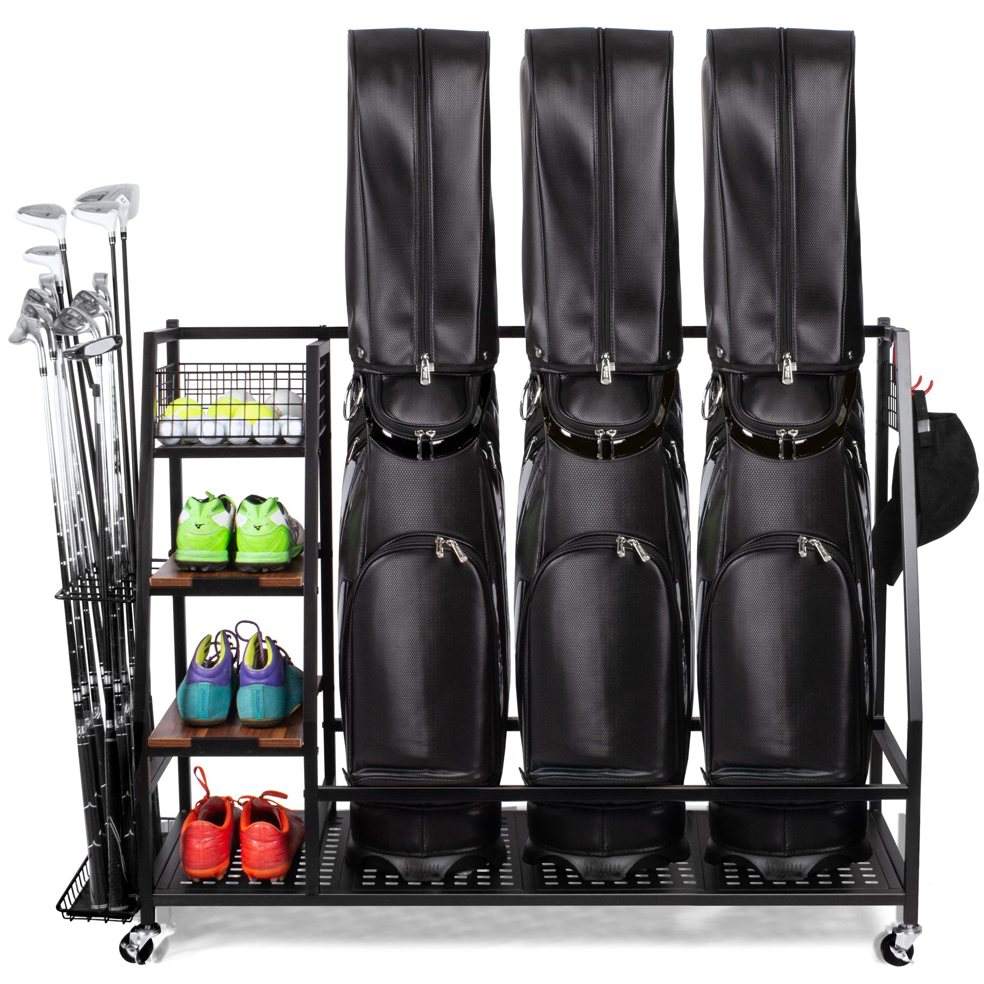 Sttoraboks 2/3 Golf Bag Storage Organizer - Heavy Duty Golf Bag Rack with Wooden Shelf & Lockable Wheels - Holds Golf Bags & Equipment Accessories - Perfect for Garage, Indoor, Basement & Golf Club Storage