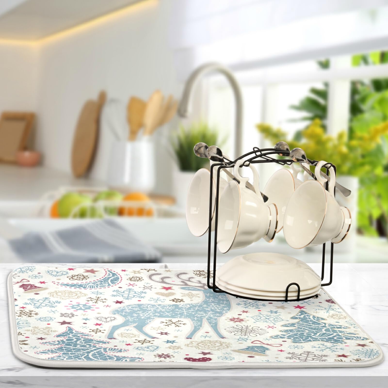 Blue Christmas Deer Kitchen Dish Drying Mat - 16x18 Inch Absorbent Microfiber Countertop Drying Pad, Dish Rack & Drainer Mat - Perfect for Holiday Decor & Daily Dish Drying