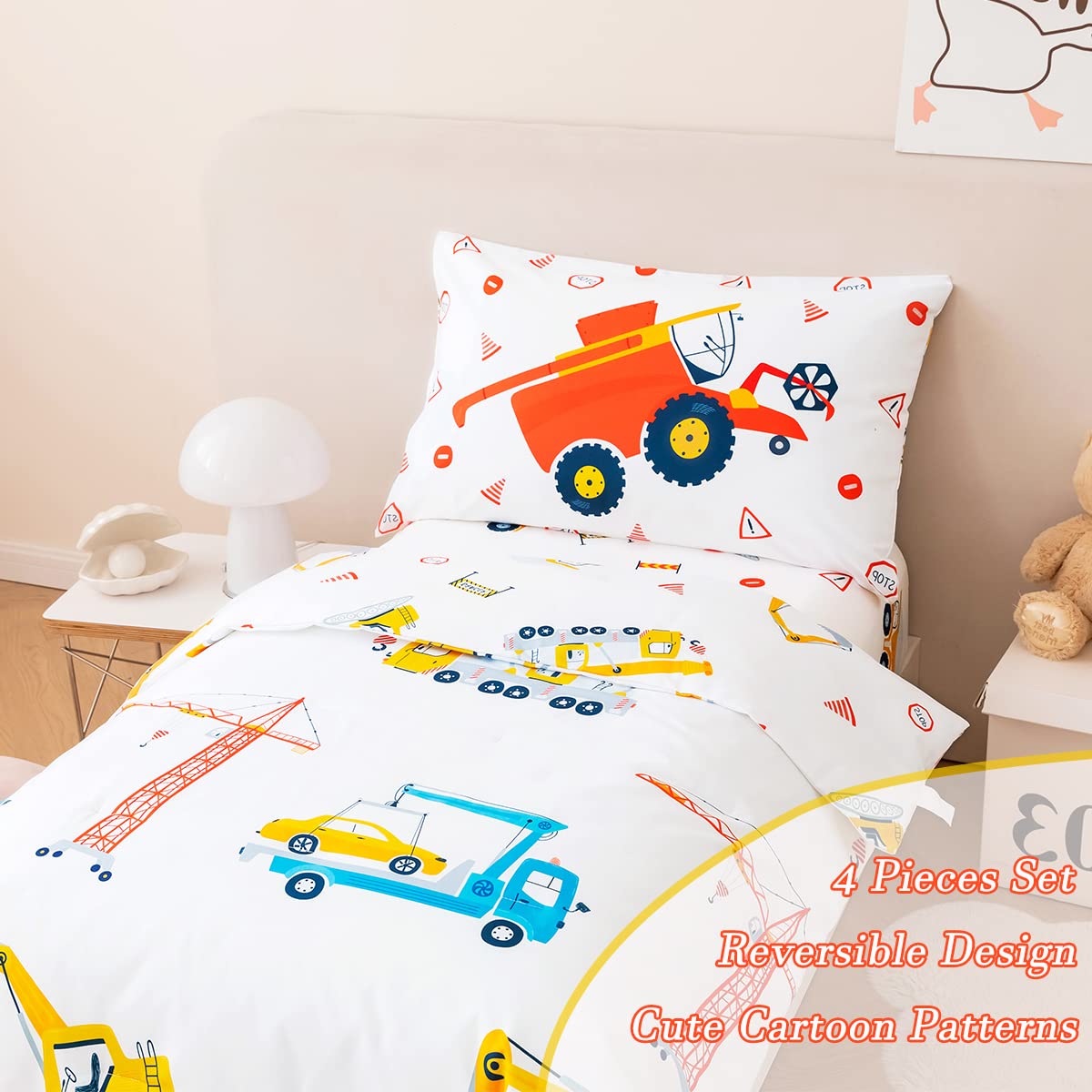 PERFEMET 4-Piece Construction Toddler Bedding Set - Excavator & Truck Themed Reversible Comforter for Boys, All-Season Crib Bedding (White, Truck/Tractor) - Perfect for Nursery, Daycare & Toddler Rooms
