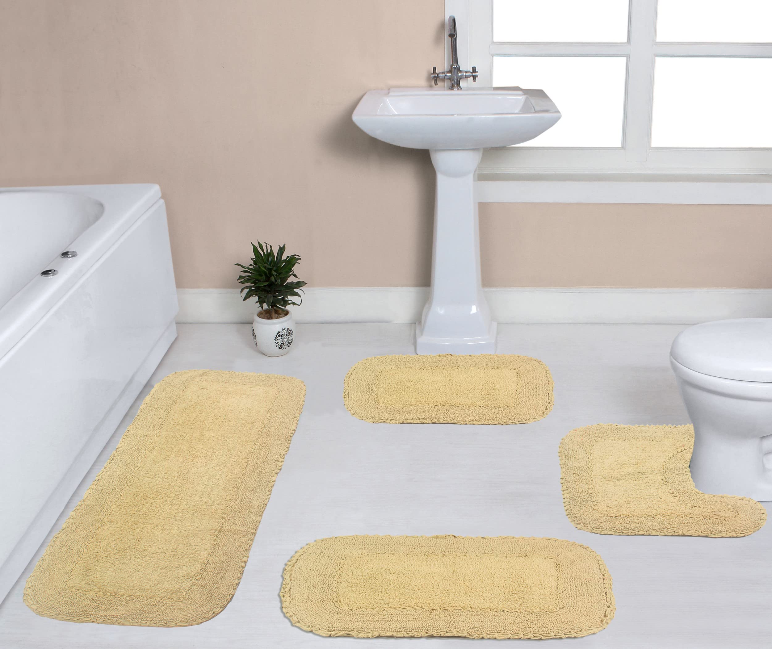 Premium 100% Cotton Bathroom Rugs Set - Ultra Soft & Absorbent Non-Slip Bath Mat - Washable 4-Piece Collection with Runner - Perfect for Bathroom, Kitchen & Laundry Room - Home Weavers Radiant Collection in Yellow