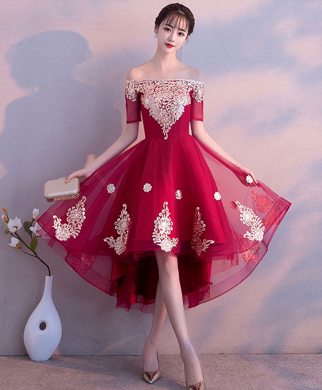 Elegant Burgundy Tulle High-Low Prom Dress with Lace Details | Formal Evening Gown for Homecoming, Bridesmaid, Wedding Party & Special Occasions