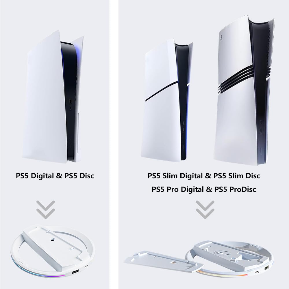 RGB Vertical Stand for PS5 Slim/PS5 Pro Consoles - LED Lighting Gaming Stand for PlayStation 5 Digital/Disc Edition & PS5 Slim - Secure Screw Mount for Stable Display - Perfect for Gaming Setups & Entertainment Centers