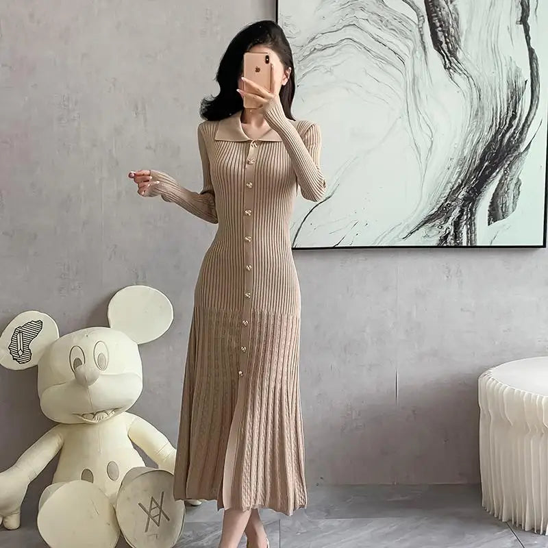 Autumn 2024 Women's Elegant Black & Beige Knit Long Dress - Single Breasted Office Wear with Long Sleeves & Pleated Design | Perfect for Business Meetings, Work Attire & Formal Occasions