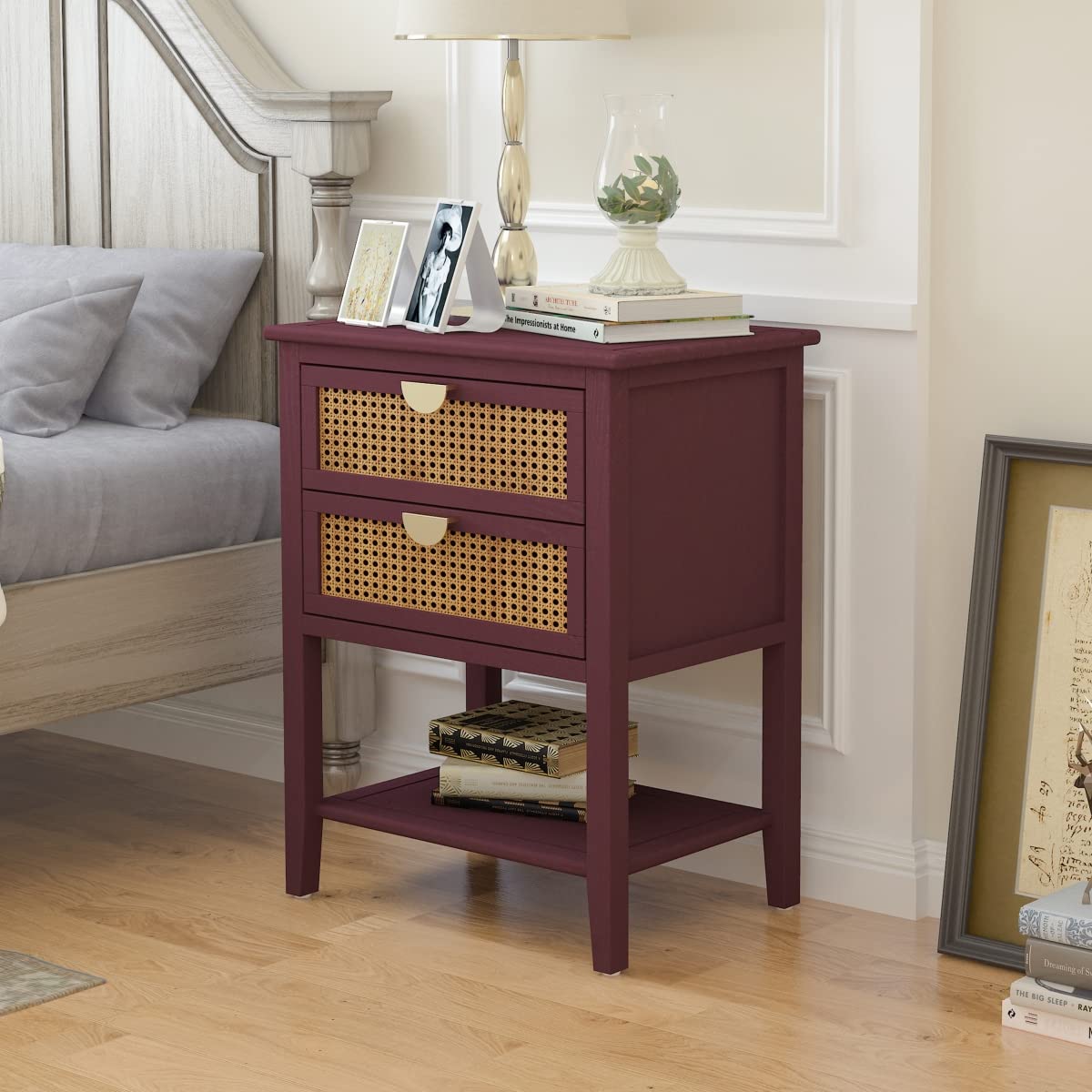 PEIHONGET Rattan Nightstand with 2 Drawers - Bedside Table, End Table with Storage Shelf - Entryway, Living Room, Bedroom & Nursery Organizer - Red (Perfect for Small Spaces & Apartment Decor)