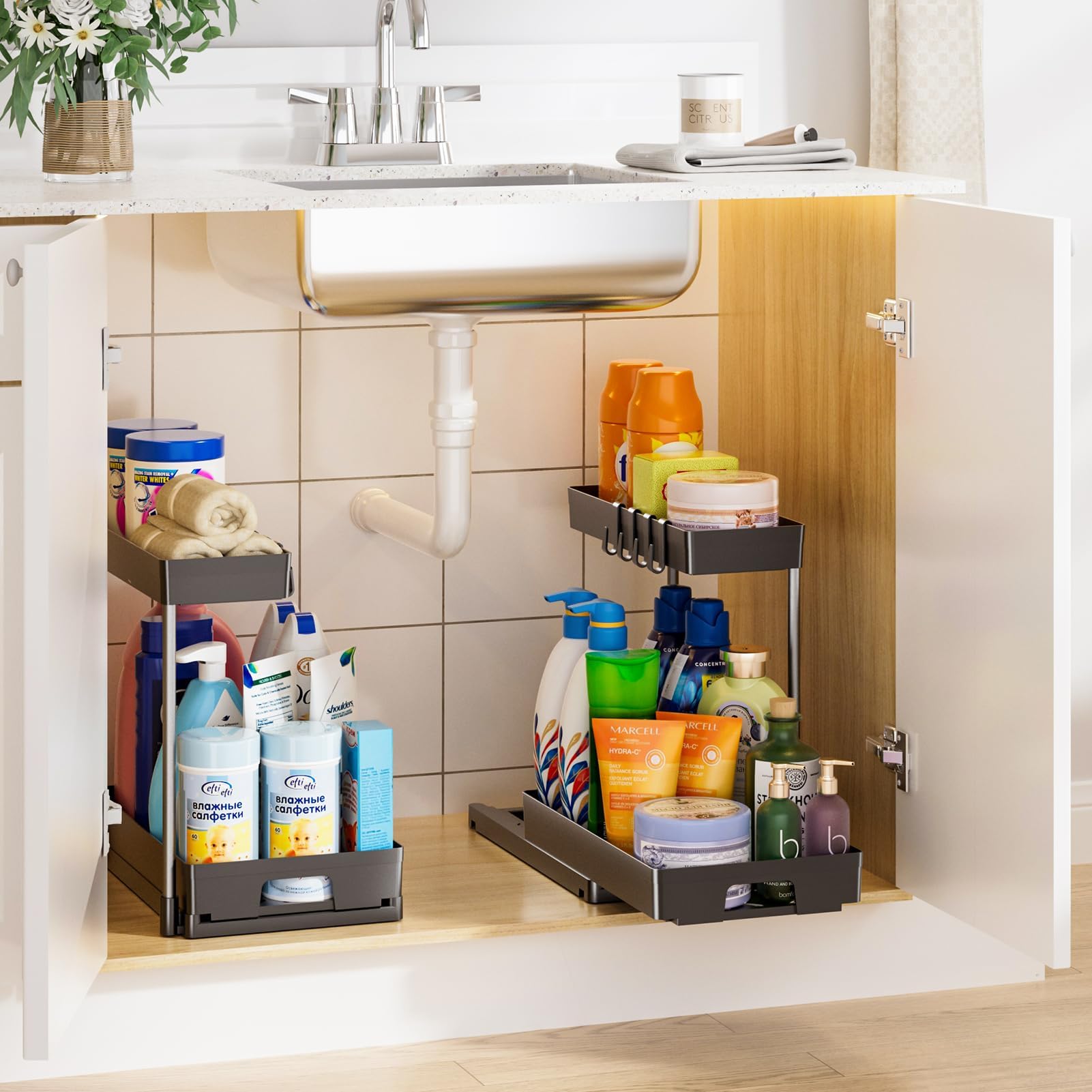2 Pack Under Sink Organizers and Storage - 2 Tier L-Shape Pull Out Cabinet Organizer for Kitchen & Bathroom, Black Under Counter Storage with Drawer - Perfect for Maximizing Space Under Sink in Small Kitchens, Bathrooms, RVs and Apartments