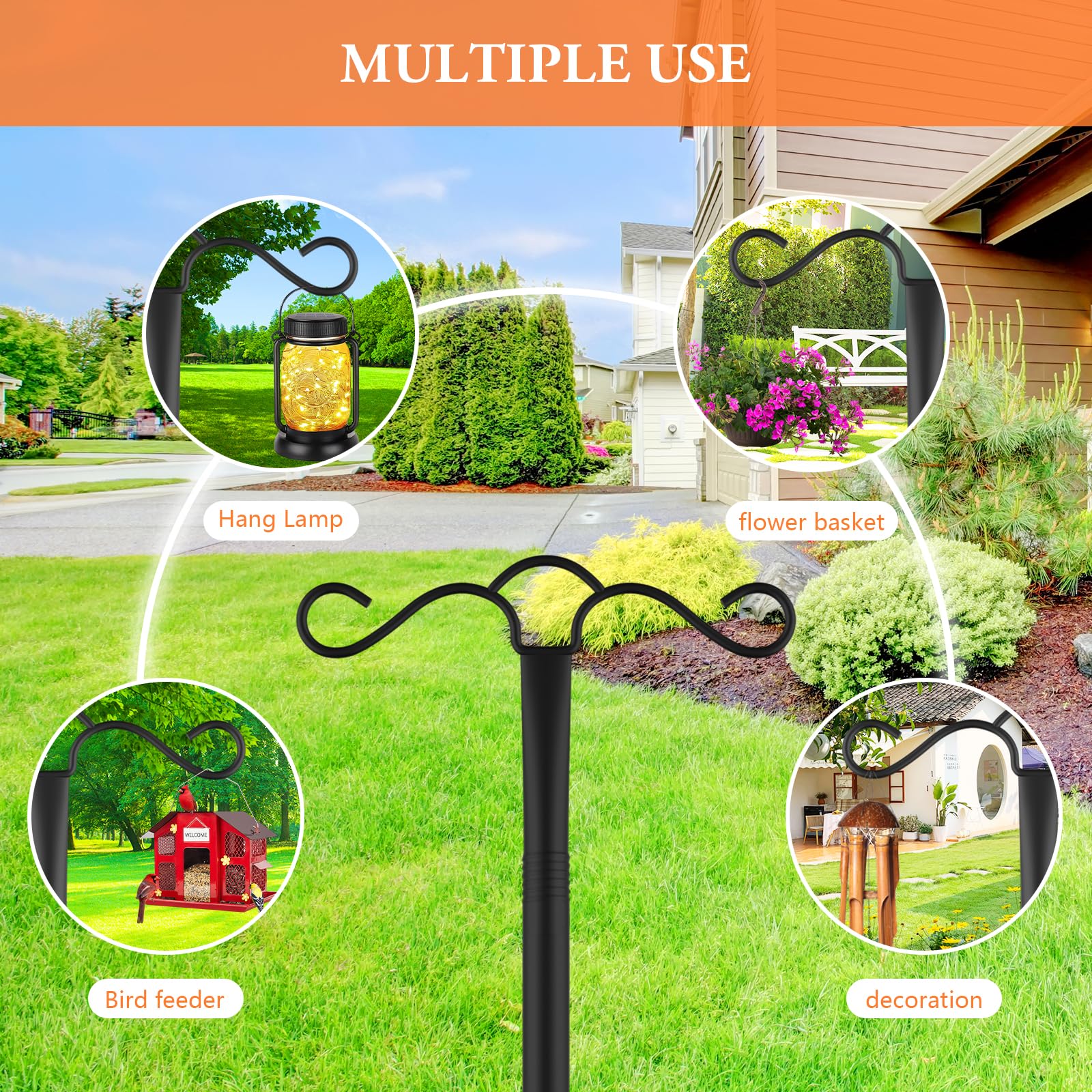 110 Inch Heavy Duty Double Shepherds Hook with 5-Prong Base - Outdoor Bird Feeder Pole for Hanging Lanterns, Hummingbird Feeders & Plants | Perfect for Garden Decor, Patio Hanging Decorations & Backyard Bird Watching