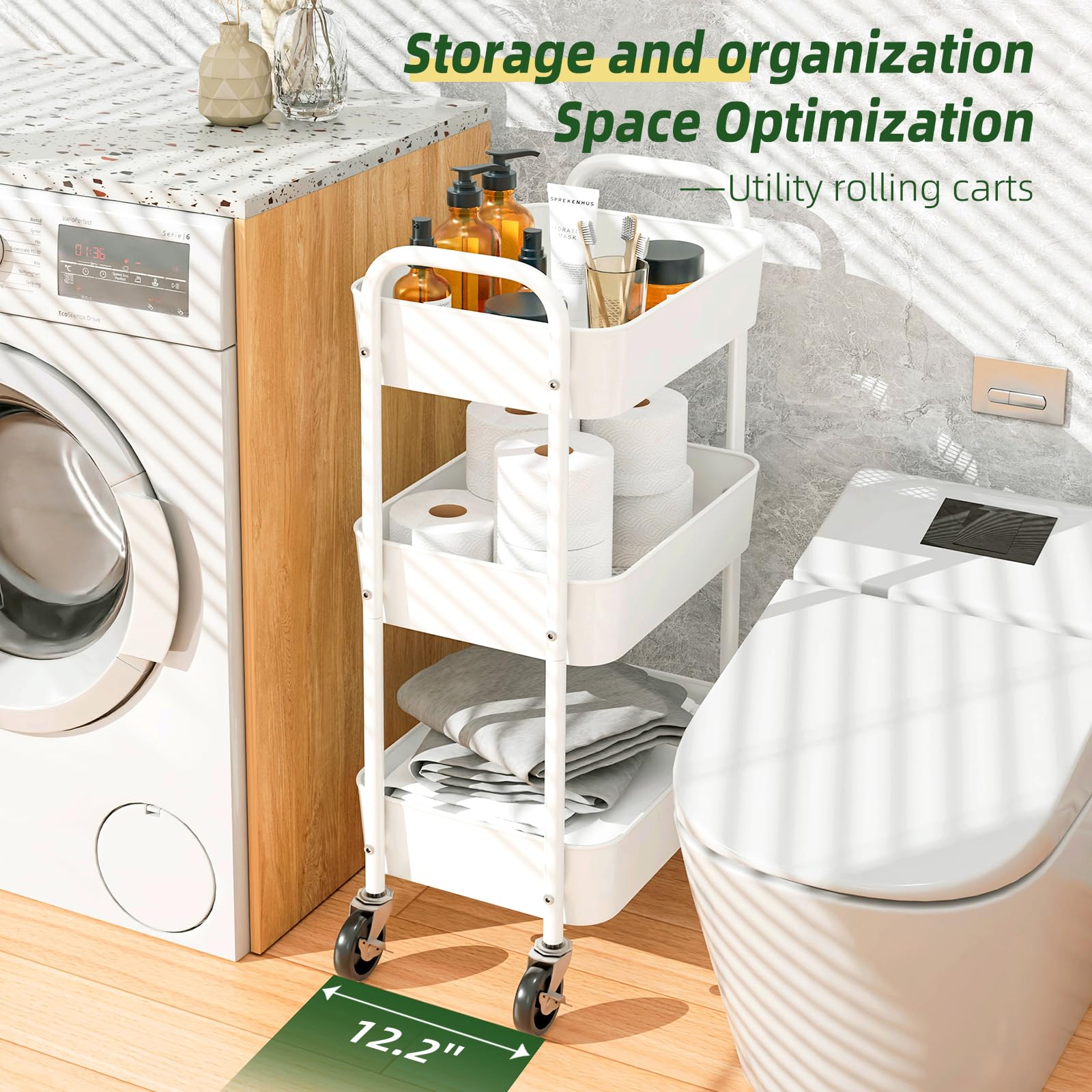 3-Tier Rolling Metal Cart with Wheels - Heavy Duty Kitchen Storage Organizer for Books, Snacks & Tools - White - Perfect for Small Spaces, Dorm Rooms & Office Organization
