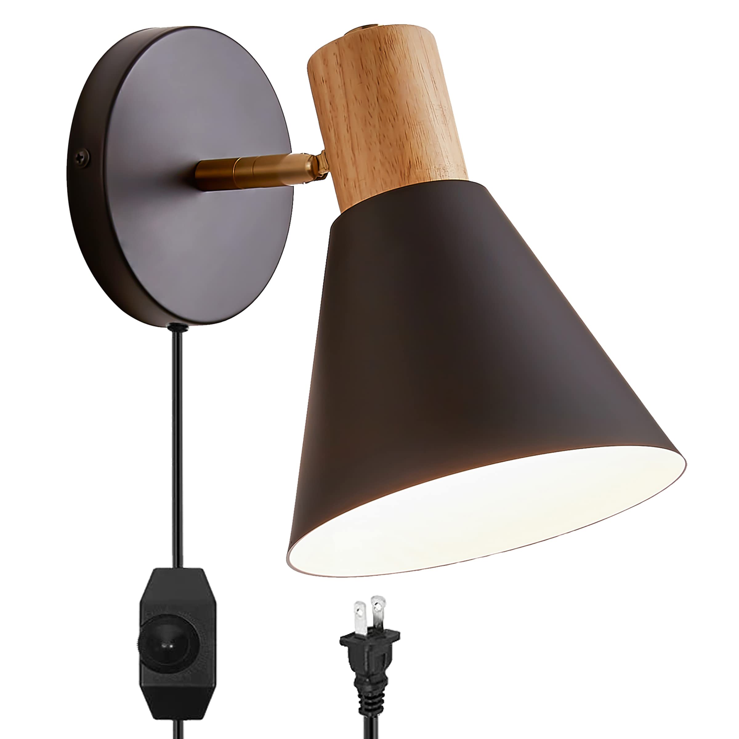 Dimmable Black Wooden Wall Sconce Plug-in Light - Adjustable Reading Lamp for Bedroom, Hallway & Living Room | Modern Plug-in Wall Lighting Fixture for Cozy Home Decor & Nighttime Reading
