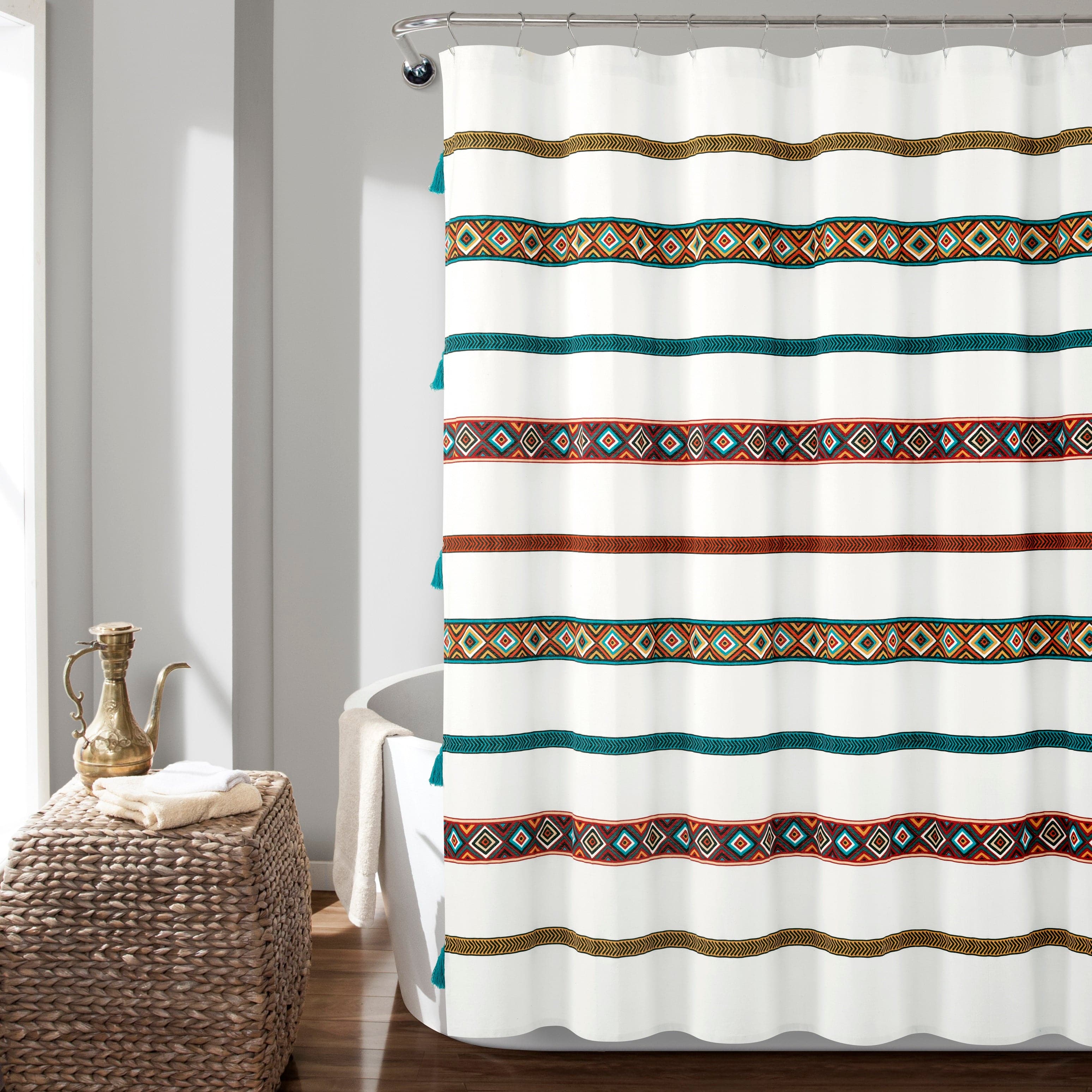 Boho Stripe Tassel Shower Curtain - Handmade Yarn Dyed Recycled Cotton Bathroom Decor for Boho, Farmhouse & Coastal Style Homes - Perfect for Bathrooms, Guest Rooms & Beach Houses