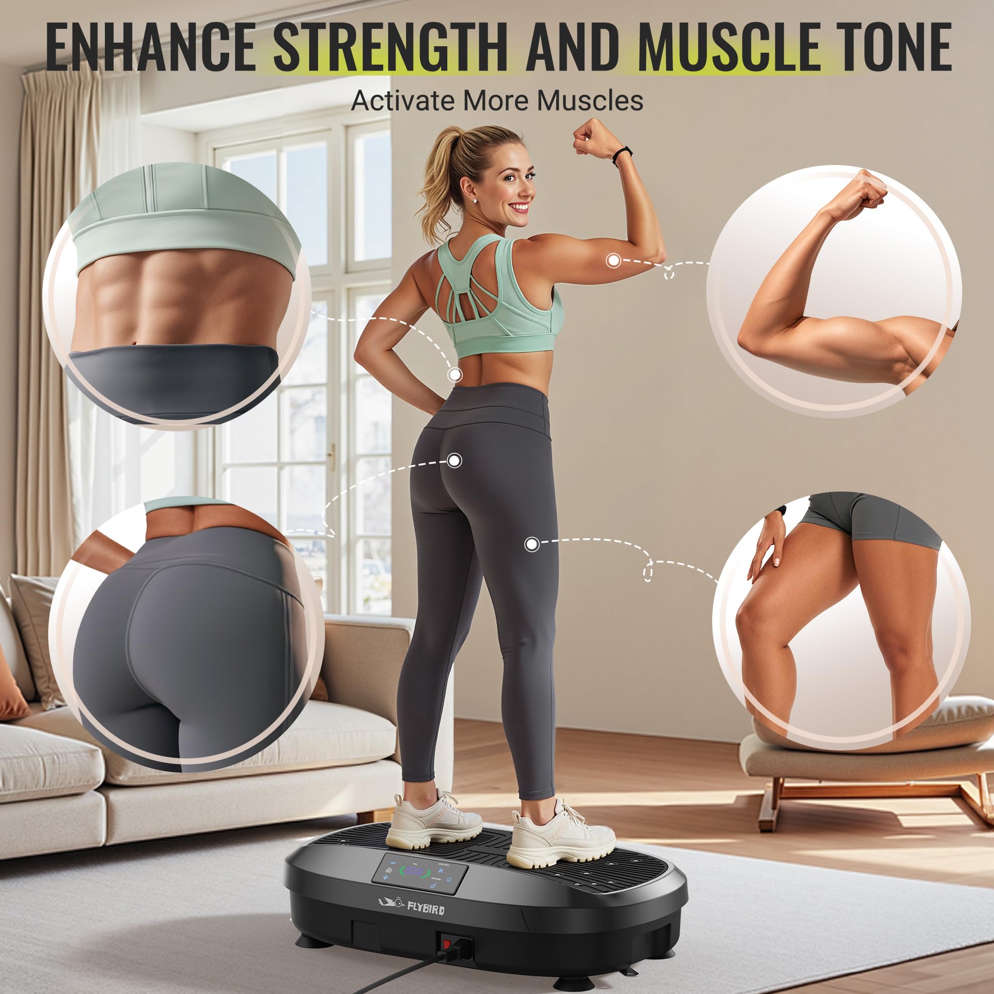 FLYBIRD Vibration Plate Exercise Machine for Weight Loss & Toning - Whole Body Workout Platform with 2 Resistance Bands, Lymphatic Drainage & Muscle Recovery - Perfect for Home Gym, Fitness & Wellness (Black)