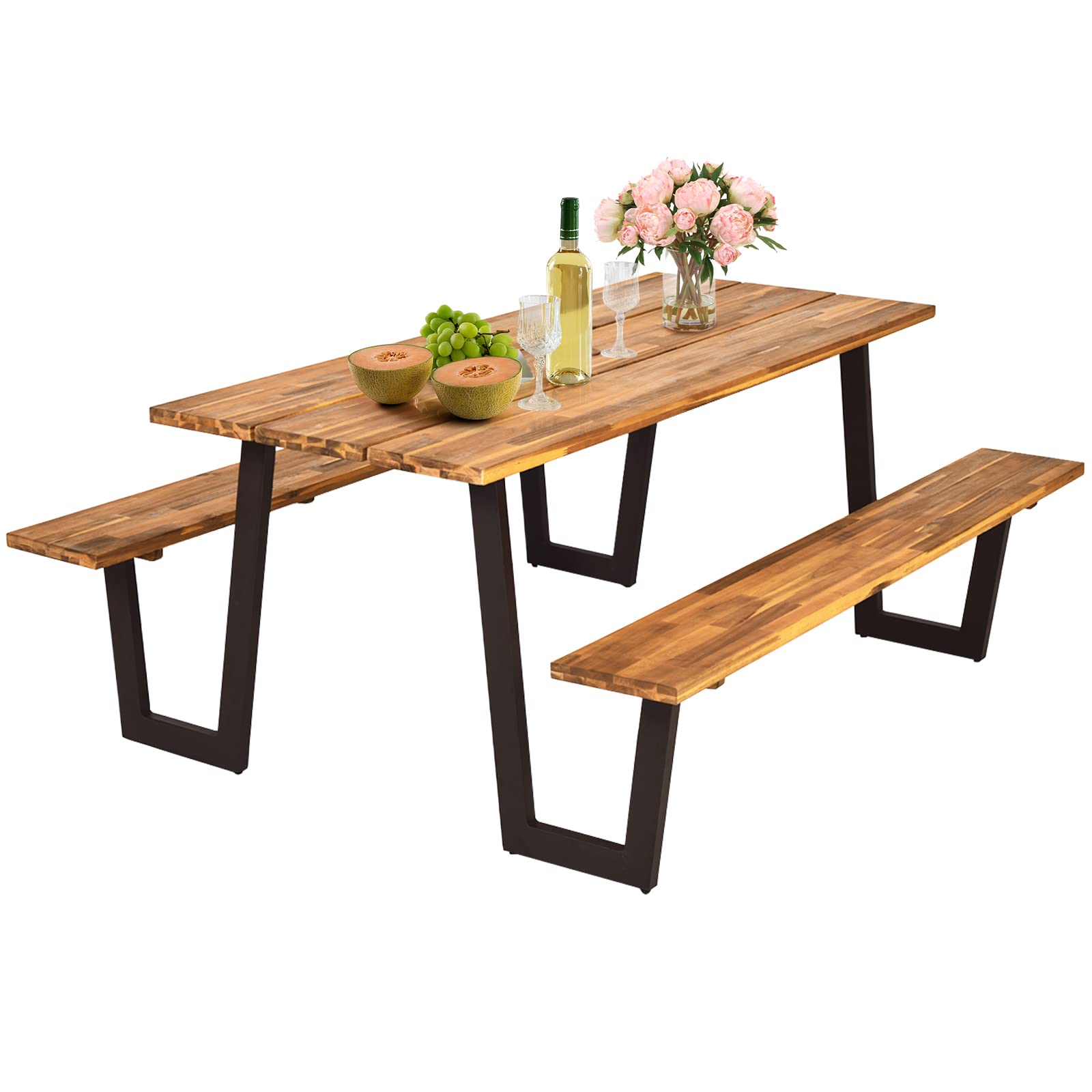 HAPPYGRILL 7-Piece Outdoor Picnic Table Set with Wooden Top & Rust-Resistant Steel Frame, Patio Dining Bench Set with Umbrella Hole for Garden Backyard BBQ Party, Camping and Outdoor Entertaining