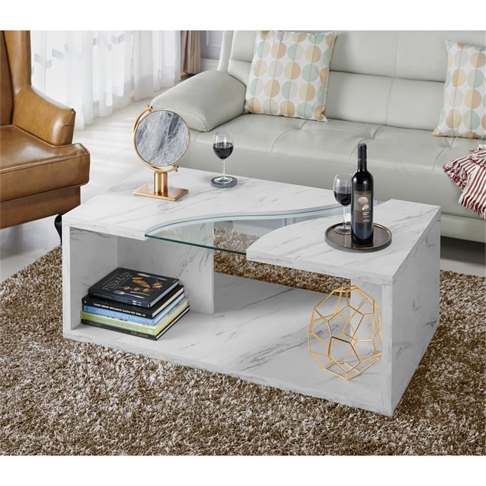 BOWERY HILL Modern Glass Top Coffee Table with Marble White Base - Perfect for Living Room, Lounge & Office Decor