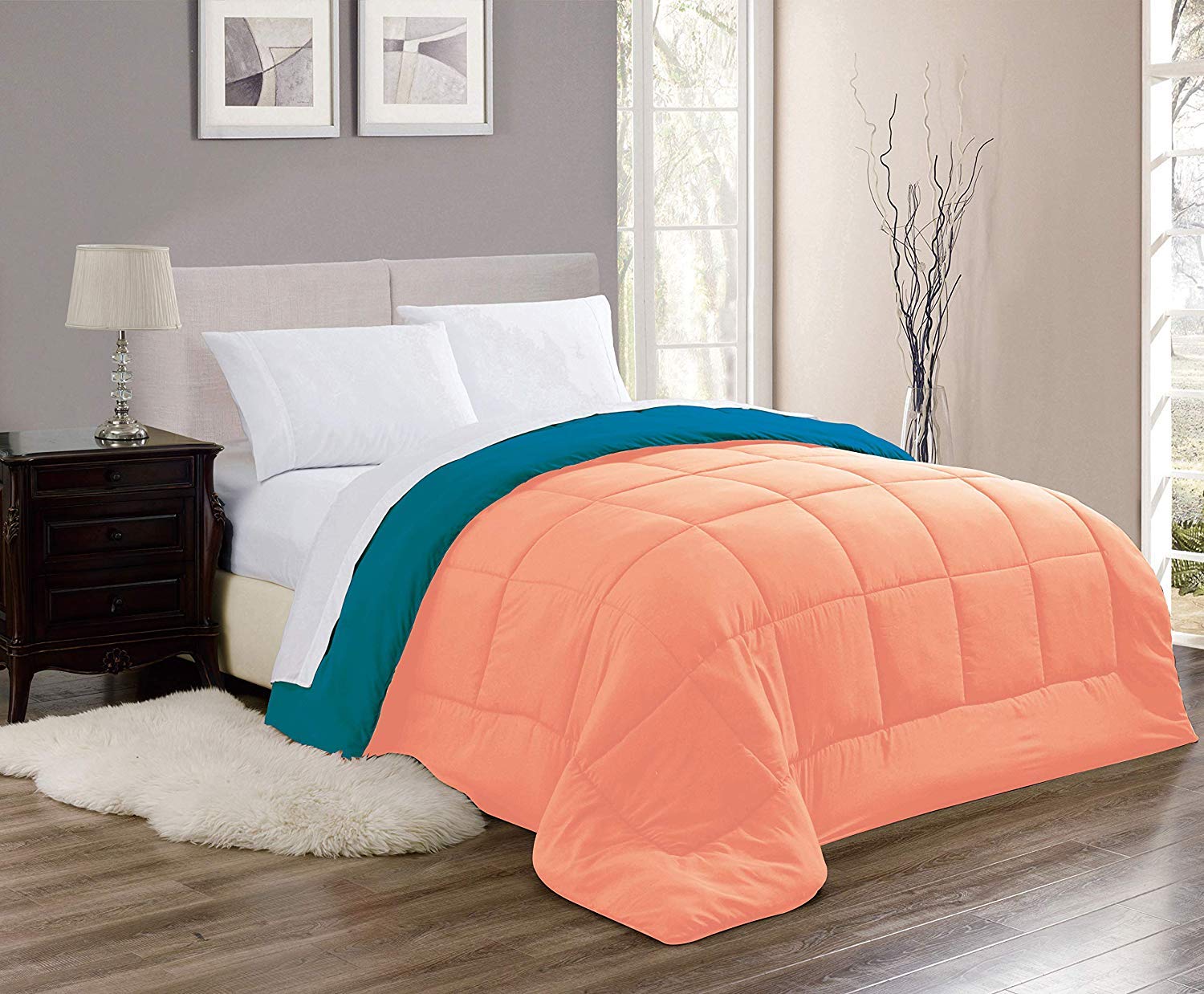 All Season Full/Queen Down Alternative Comforter Set - Reversible Hotel Collection with Soft Microfiber Fill, Stitched Quilted Bedding (Orange/Turquoise) - Perfect for Cozy Home, Guest Room & Vacation Rental Comfort
