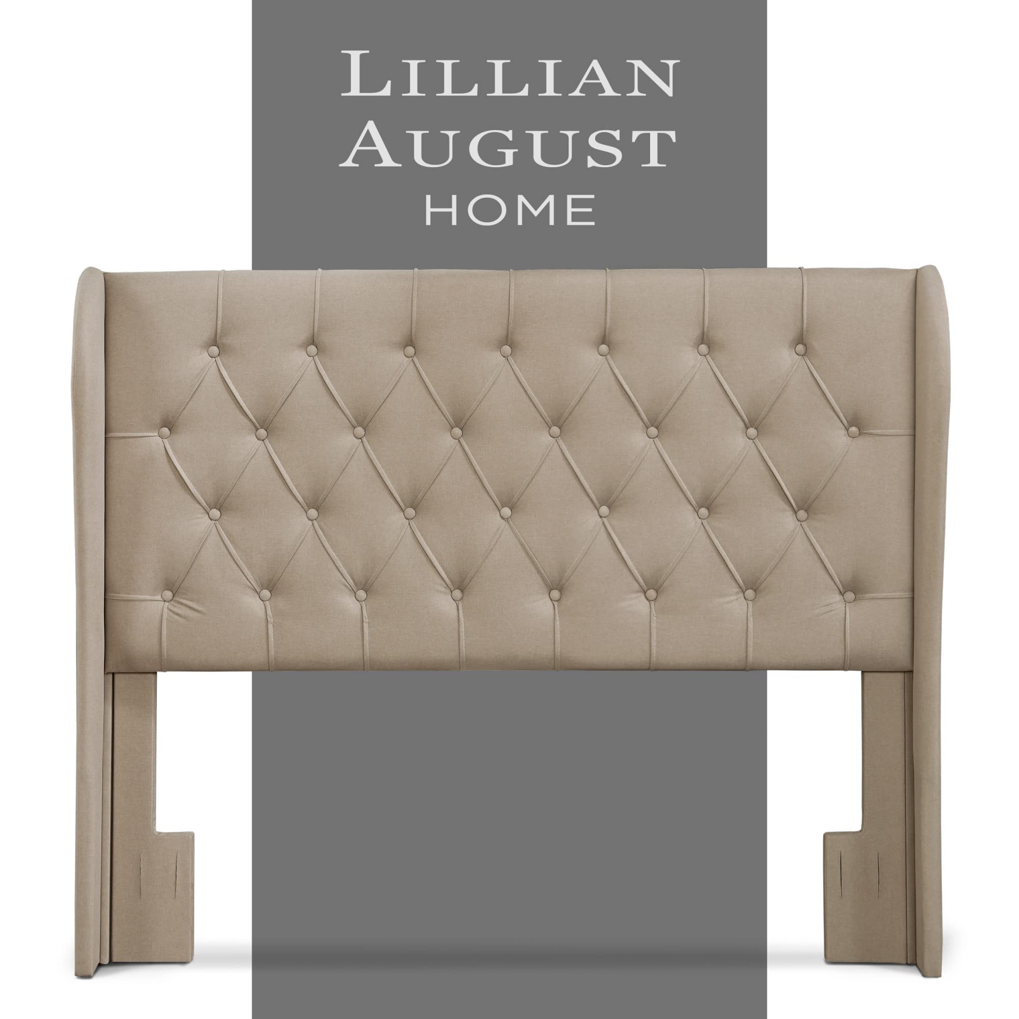Lillian August Modern Wingback Upholstered Headboard with Diamond Tufting - Soft Fabric Queen Size Bed Frame Accent - Beige Bedroom Furniture for Master & Guest Rooms