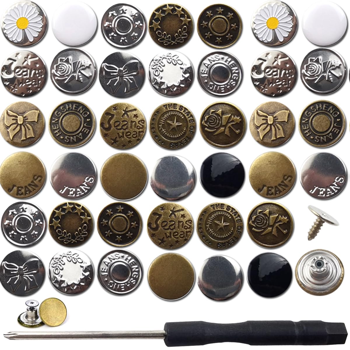 100PCS Jeans Buttons Pins with Screwdriver - No-Sew Replacement Buttons for Loose Jeans & Denim Clothing - Adjustable Waist Tightener for Men & Women - Perfect for DIY Jean Repair & Waist Sizing