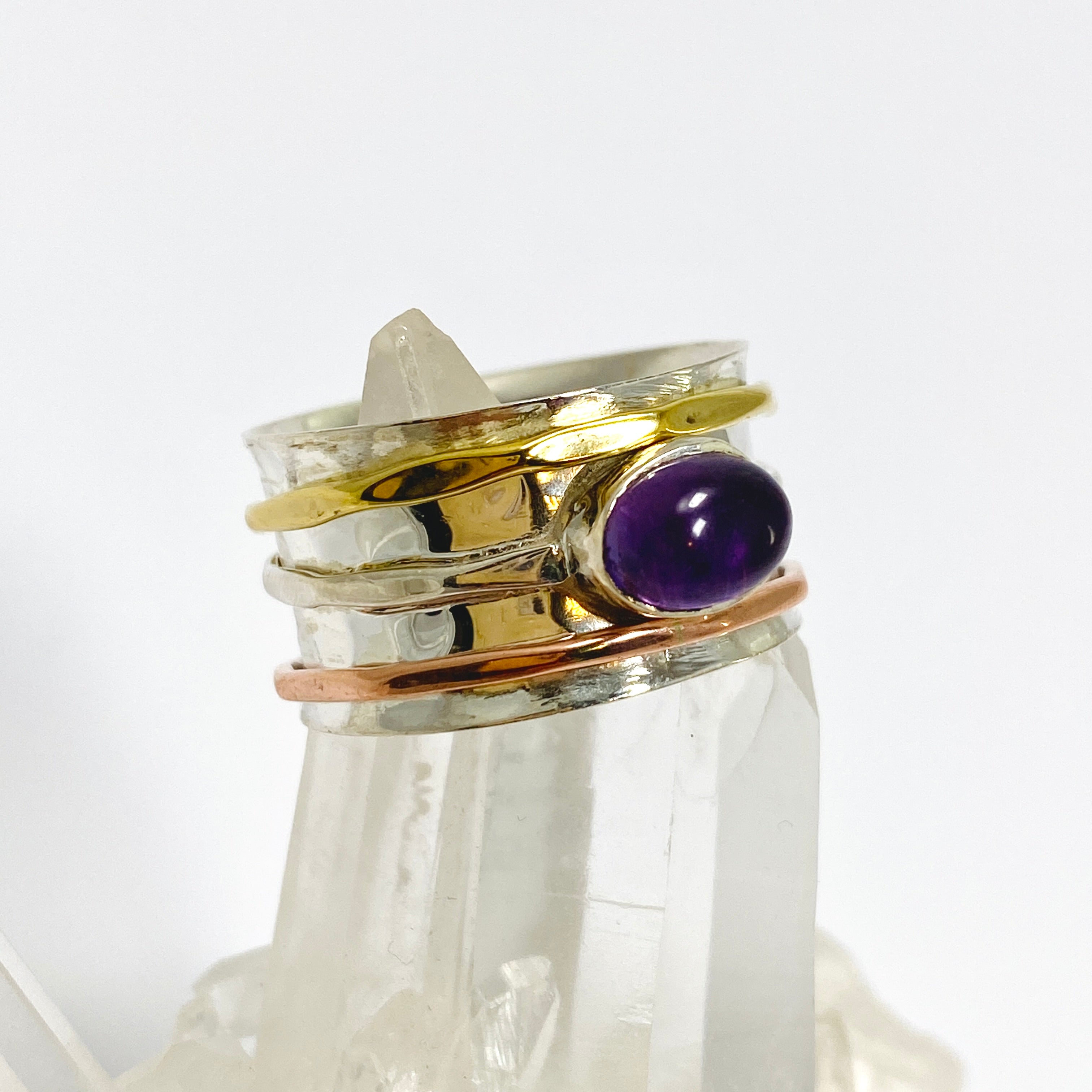 Amethyst Oval Cabochon Spinner Ring R4820 - Elegant Adjustable Healing Jewelry for Stress Relief & Meditation - Perfect for Yoga, Spiritual Gifts & Everyday Wear