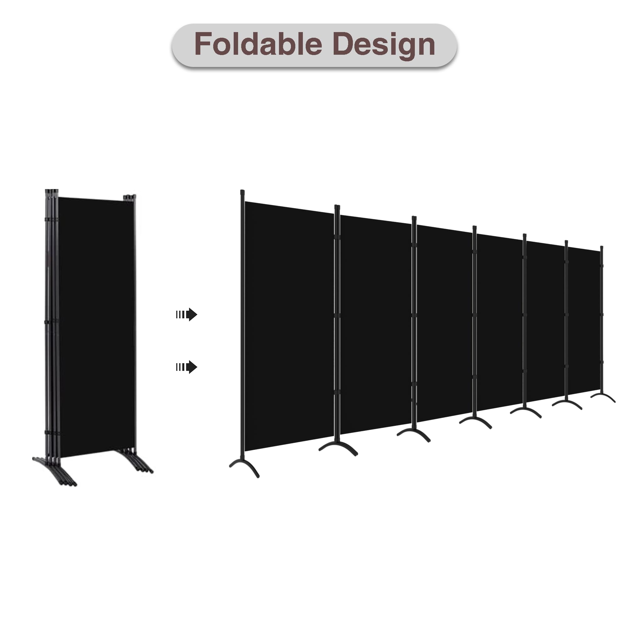 6 Panel Folding Room Divider Screen - 6FT Tall Freestanding Privacy Partition for Office, Bedroom & Living Room - Portable Black Fabric Wall Divider (200