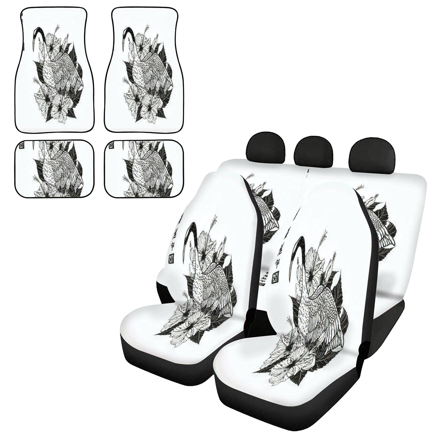 Hand Drawn Red Crowned Crane & Hibiscus Tattoo Design Car Seat Covers Full Set with Floor Mats - Fashionable Car Seat Protectors & Auto Decor for Most Vehicles - Perfect for Nature Lovers, Asian Culture Enthusiasts & Stylish Car Interior Upgrades