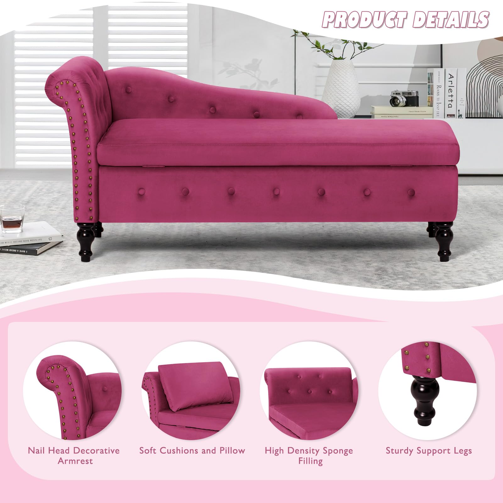 Velvet Upholstered Chaise Lounge with Left Armrest & Lumbar Pillow, Button Tufted Storage Sofa - Modern Lounge Chair for Bedroom, Living Room & Office - Perfect for Relaxing, Reading & Napping (Fuchsia)