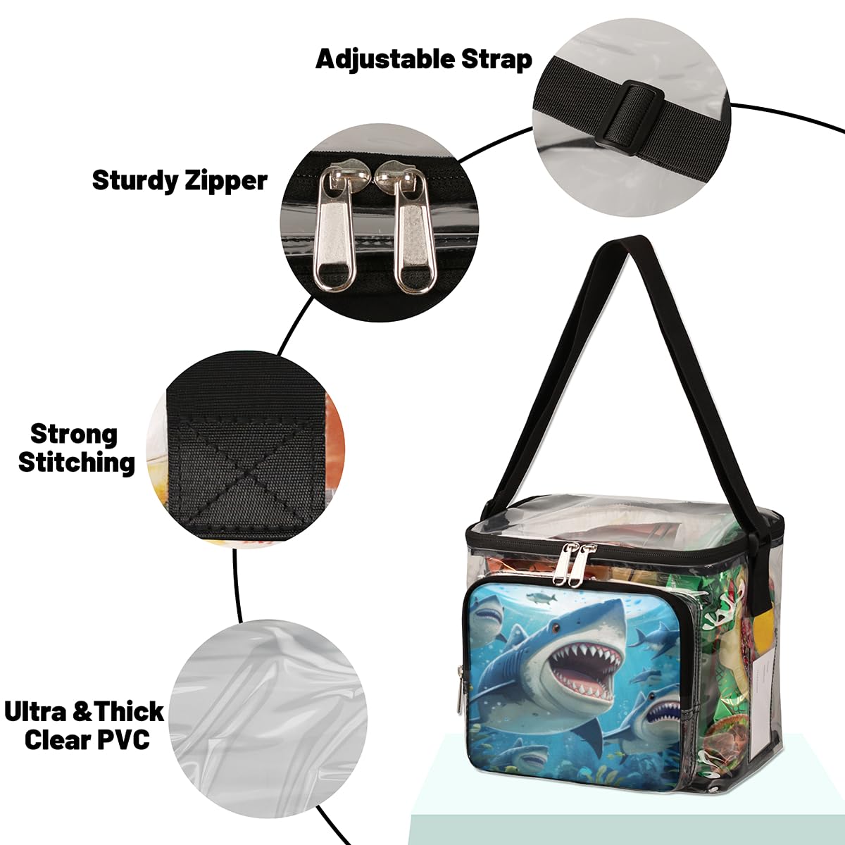 GzLeyigou Clear Shark Tote Bag with Handles - Transparent Crossbody Shoulder Bag for Lunch, Beach, Travel, Picnic, Concerts & Sports Events - Stadium Approved Shark Themed Purse for Women & Teens - Perfect for Outdoor Activities, Theme Parties & Water Park Adventures