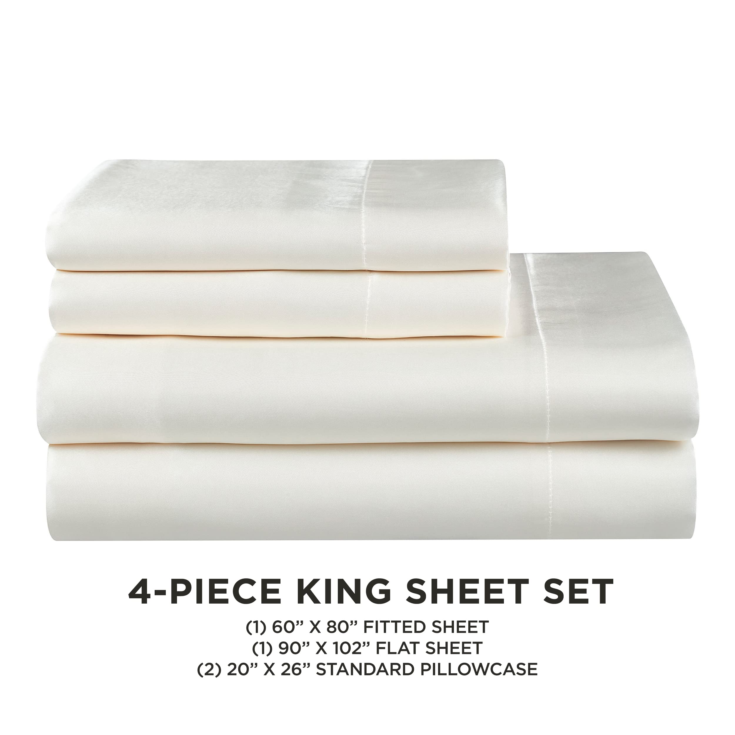 Luxury Juicy Couture King Size Satin Bed Sheet Set - 4 Piece Deep Pocket Silky Smooth Sheets (1 Fitted, 1 Flat, 2 Pillowcases) - Wrinkle & Pilling Resistant - Ivory - Perfect for Master Bedroom, Hotel Luxury, Wedding Gift & Upscale Home Decor
