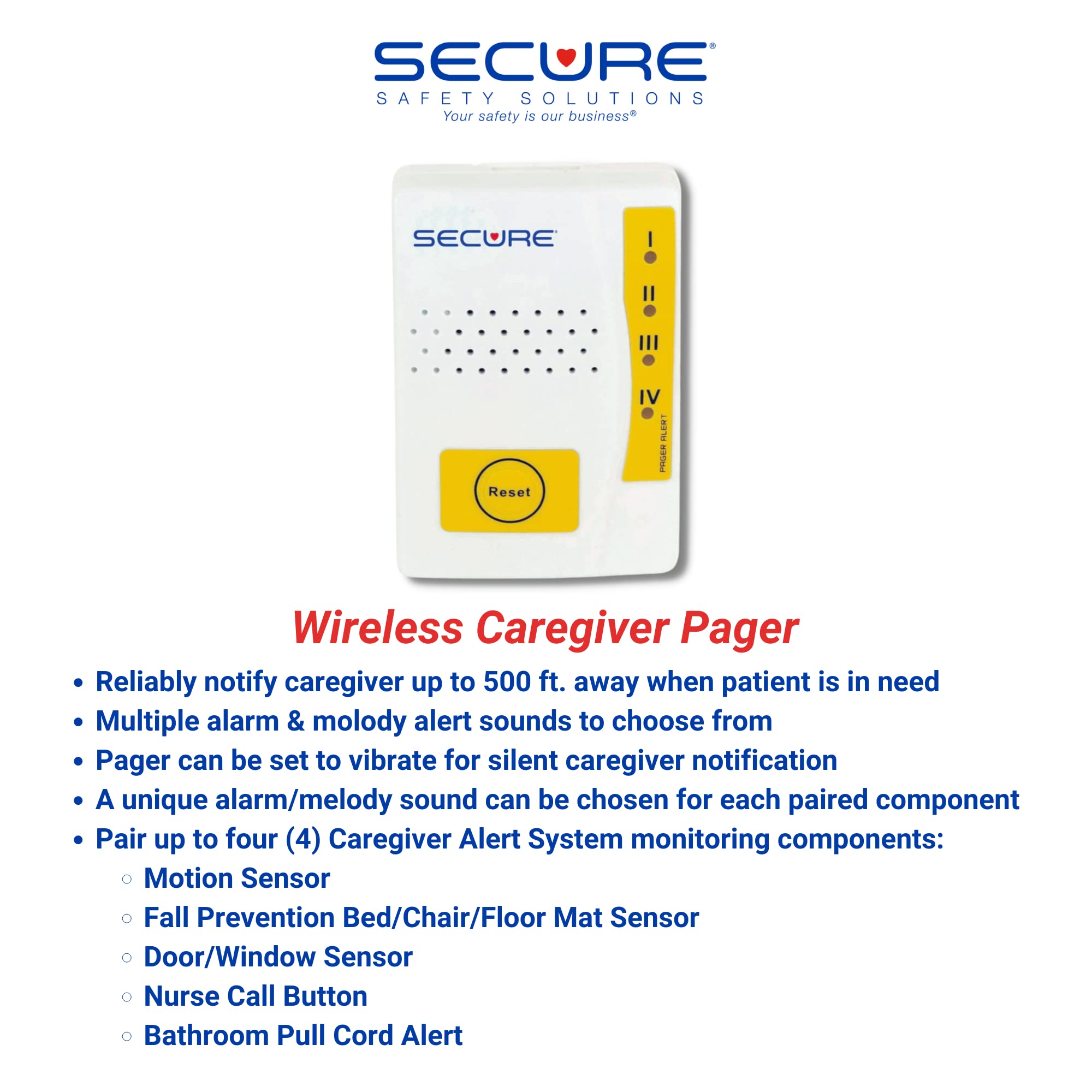 Secure Wireless Bed Alarm System with Nurse Call Button & Bed Sensor Pad - Elderly Fall Prevention & Caregiver Pager - Batteries Included - Ideal for Nursing Homes, Home Care & Hospital Patient Safety