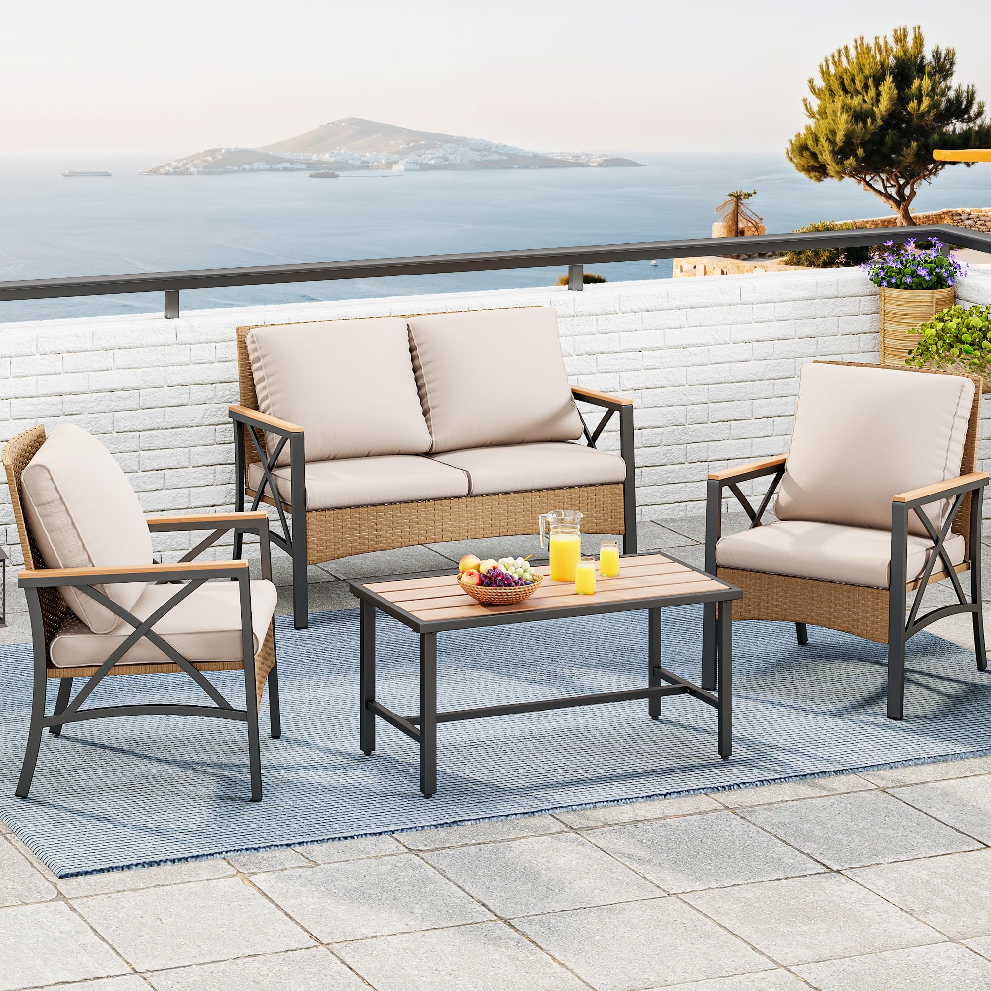 YITAHOME 4-Piece All-Weather Wicker Patio Furniture Set with Wood Armrests, Rattan Outdoor Conversation Set for Backyard, Balcony, Deck - Includes Soft Cushions & Durable Plastic Wood Table (Light Brown & Beige) | Perfect for Garden Relaxation, Poolside Lounging & Outdoor Entertaining