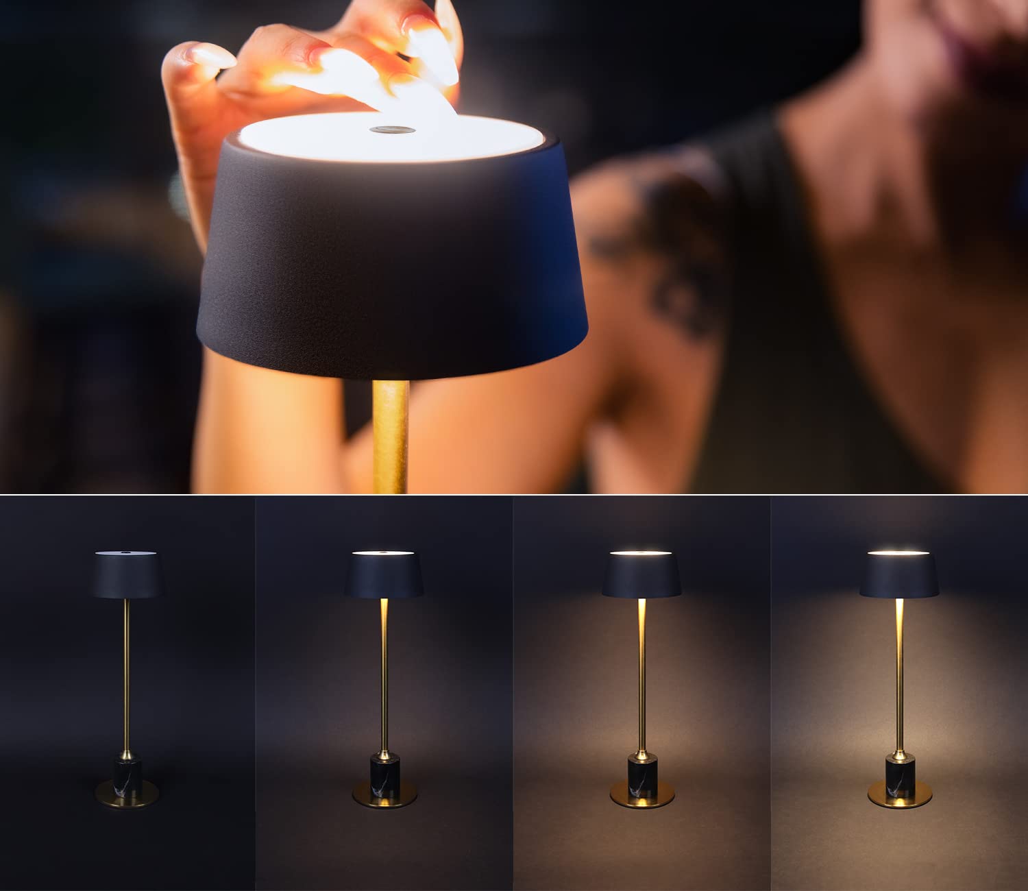 DAWALIGHT Rechargeable Cordless Table Lamp - 2500mAh Battery, 3-Level Brightness Adjustable Desk Light for Bedroom, Reading, Coffee Table, Restaurant & Outdoor Camping (Black + Gold) | Perfect for Romantic Dinners, Nightstands and Portable Lighting