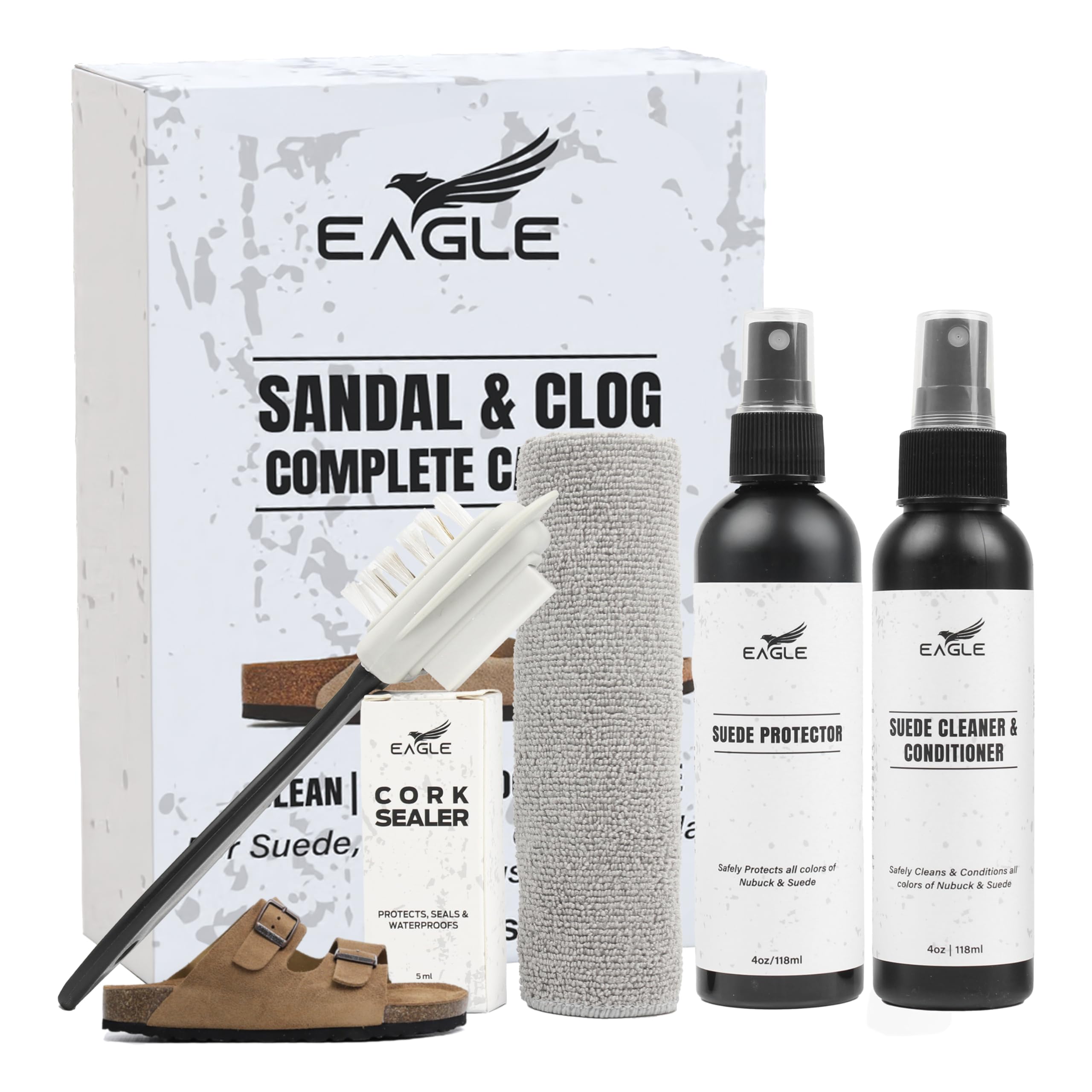 **Eagle Sandal & Clog Complete Care Kit – Compatible with Birkenstocks – Suede & Nubuck Cleaner, Conditioner, Protector, Cork Sealer, 3-Way Brush, Eraser & Microfiber Cloth – Perfect for Sandals, Clogs & Footwear Maintenance**    *(Use for cleaning, conditioning, and protecting suede, nubuck, and cork materials to extend the life of your favorite sandals and clogs.)*