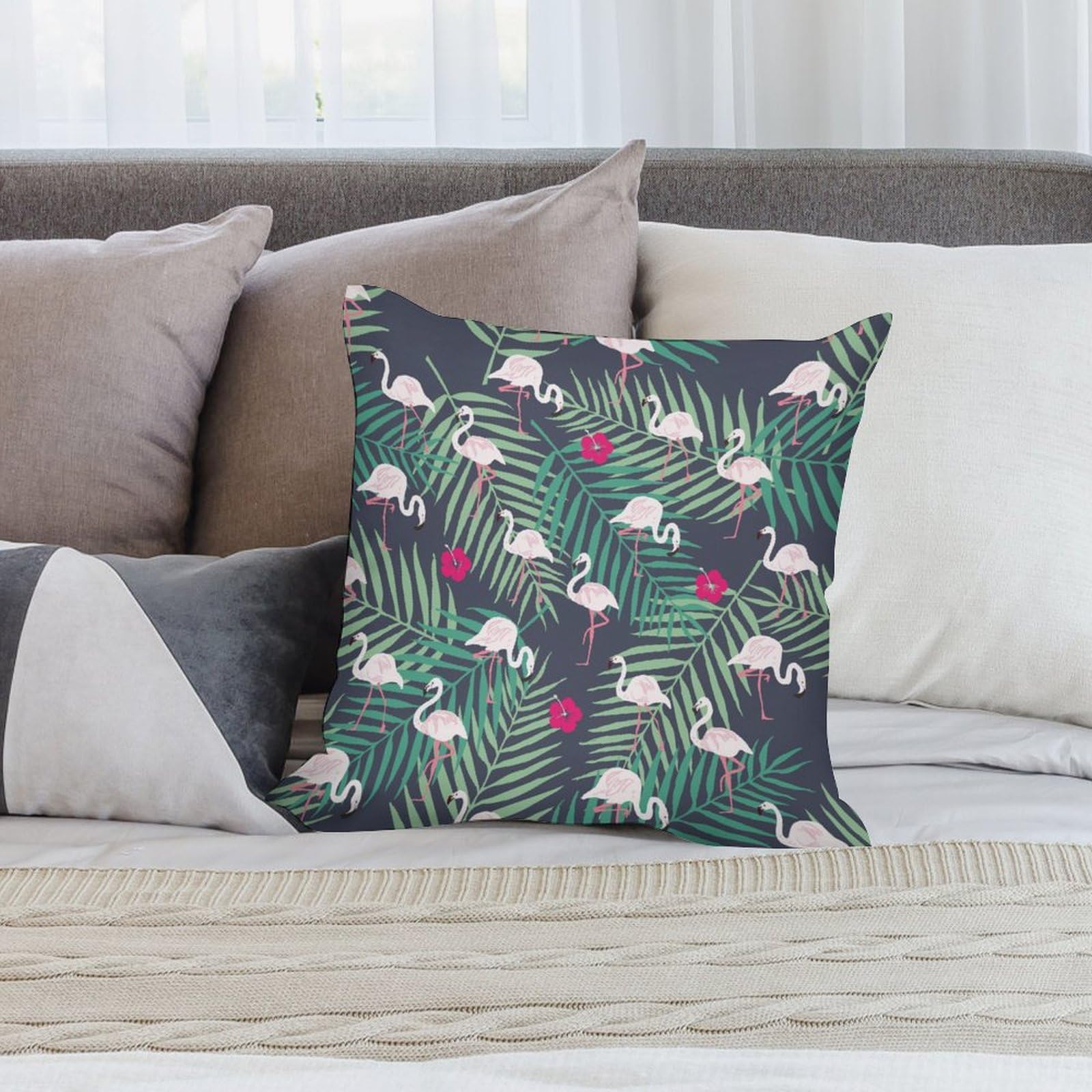 Tropical Flamingo & Leaf Plush Pillow Covers Set of 4 - 22x22 Inch Soft Cushion Cases for Sofa, Bed, Couch - Home Decor, Living Room Accessories, Tropical Themed Bedding