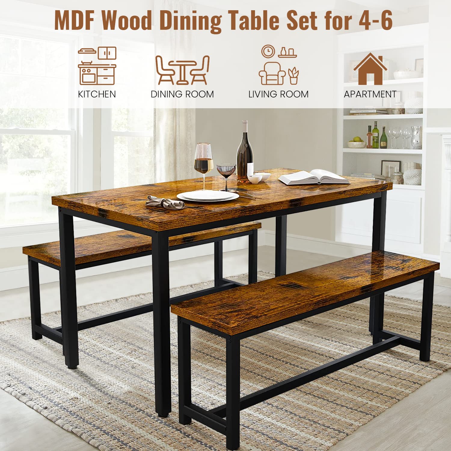 DKLGG 3-Piece Wooden Dining Table Set with 2 Benches for 4 People - Rustic Brown Kitchen Table & Chairs with Sturdy Metal Frame - Perfect for Small Spaces, Apartments, Restaurants & Cozy Dining Rooms