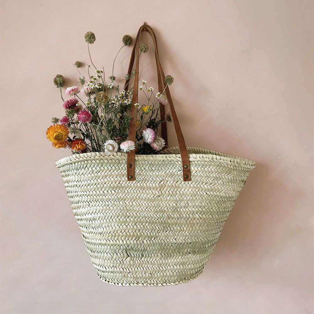 Eco-Friendly Palm Leaf Shopper Bag with Leather Straps - Sustainable Reusable Grocery Tote for Shopping, Beach & Farmers Market