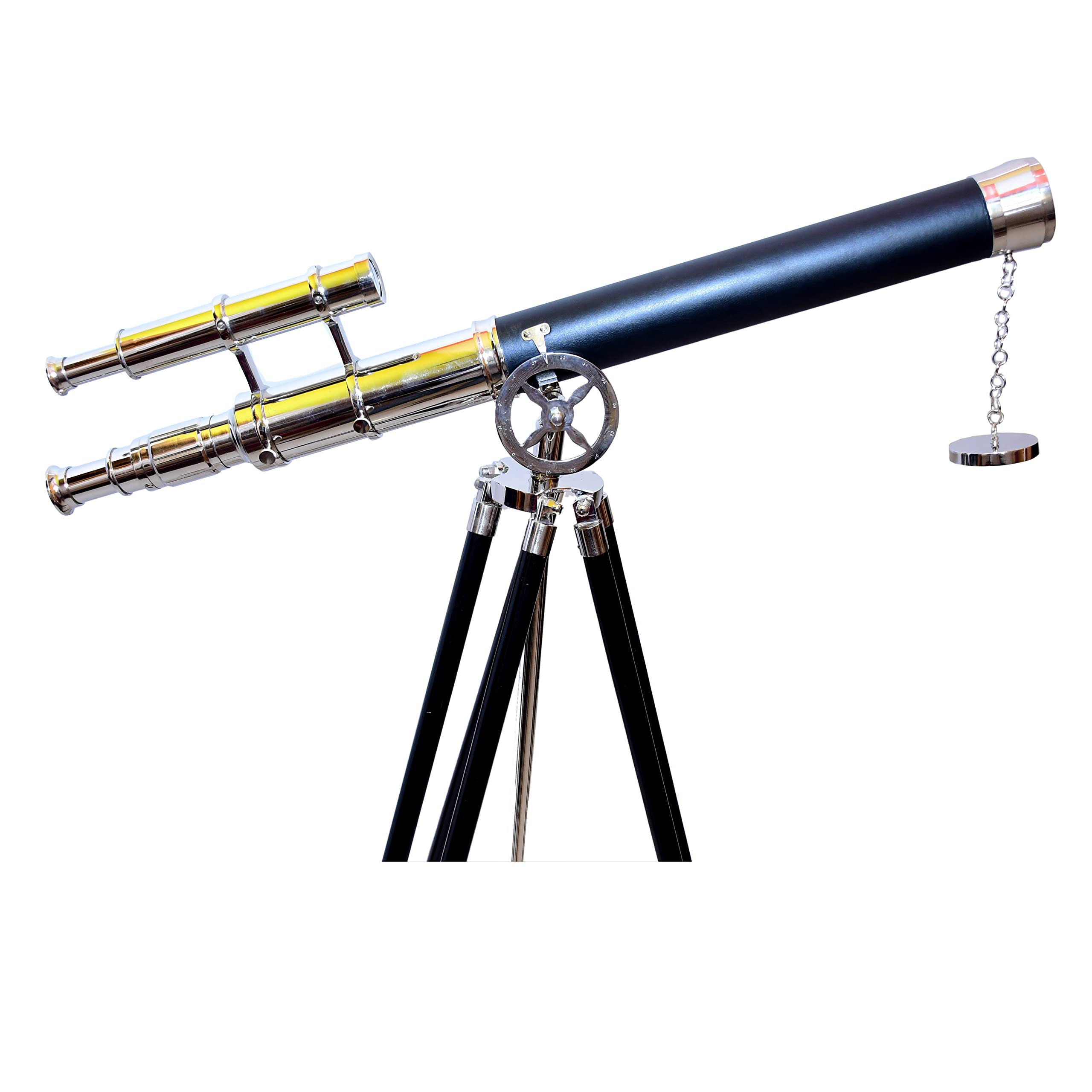 Nautical Brass Nickel Double Barrel Telescope with Black Wooden Tripod - Brass Floor Standing Telescope for Stargazing & Marine Navigation | NAVIROCK