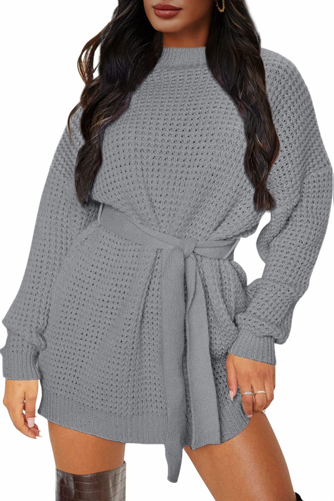 ZESICA Women's Long Sleeve Waffle Knit Tie Waist Tunic Sweater Dress - Casual Fall Winter Pullover for Work, Date Night & Holiday Outfits
