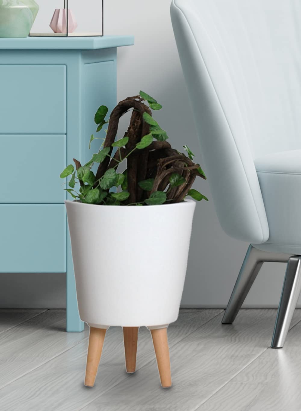 Serene Spaces Matte White Ceramic Plant Pot Holder with Wooden Legs - 15