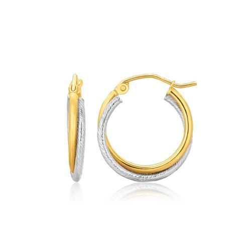 14K Two-Tone Gold Double Polished Textured Hoop Earrings for Women - Elegant Everyday & Special Occasion Jewelry Gift