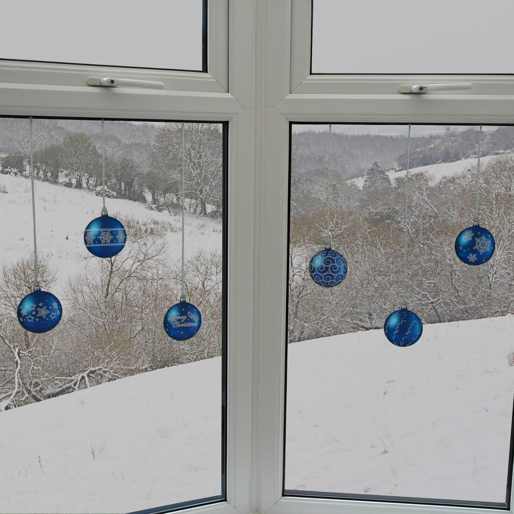 12 Pack Blue Glitter Window Clings with Strings - Holiday & Seasonal Decor for Windows, Glass Doors, and Office Partitions - Christmas, Halloween, and Party Decoration