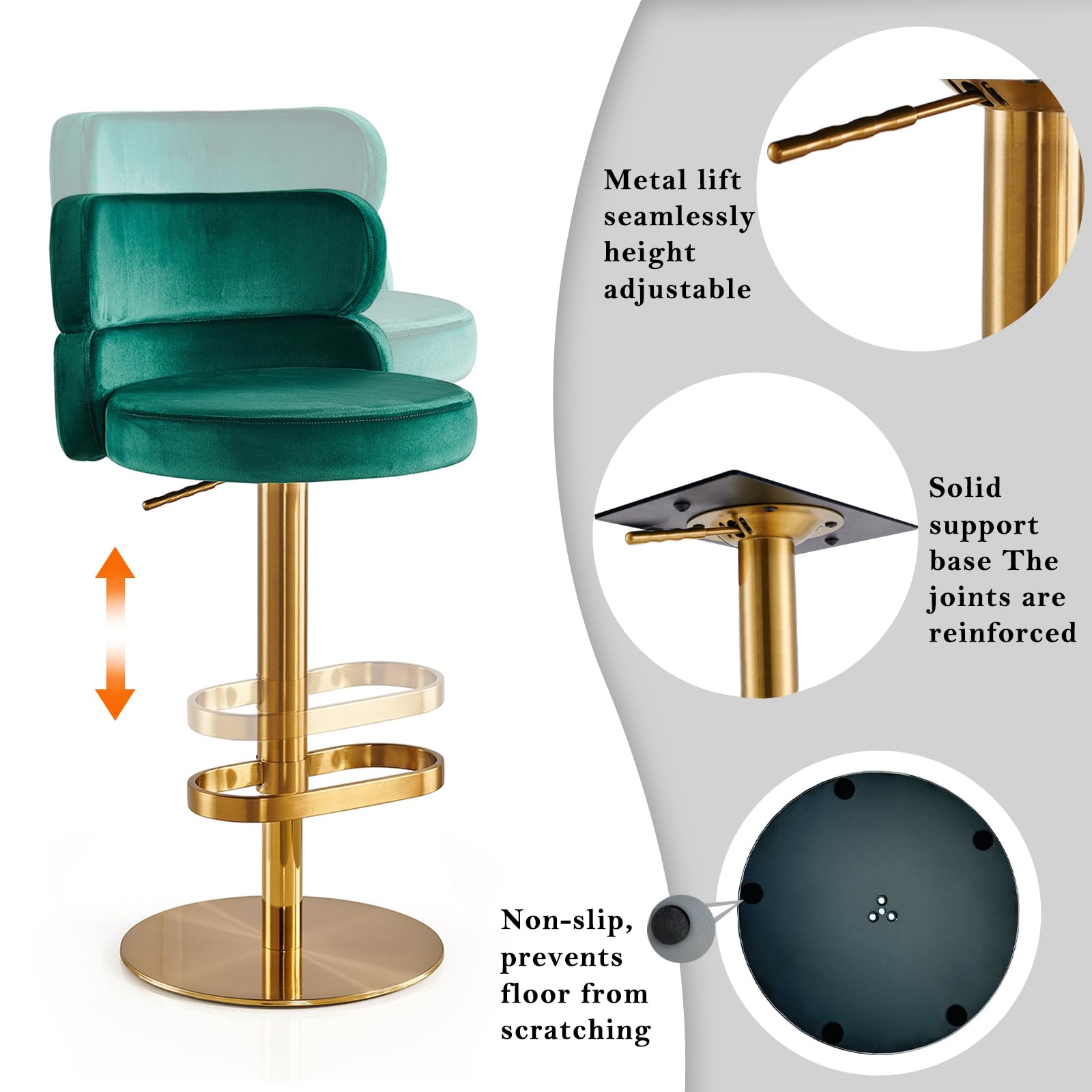 Modern Adjustable Height Swivel Bar Stools with Back - Gold Legs Counter Height Barstools for Kitchen Island, Living Room, Coffee Shop - Set of 1 (Green) - Perfect for Entertaining, Dining & Home Decor