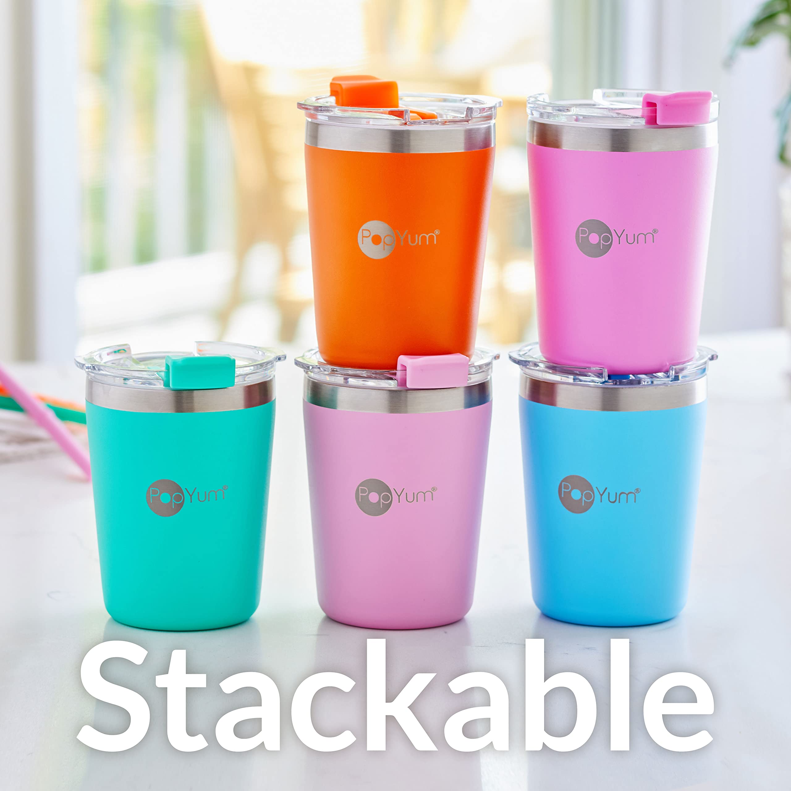 PopYum 9oz Insulated Stainless Steel Kids Cups with Lid & Straw - 2 Pack (Green & Pink) | Stackable, Leak Proof, Double Wall Vacuum Insulated Sippy Cup for Babies, Toddlers & Children | Perfect for Daycare, Travel, School & Home Use