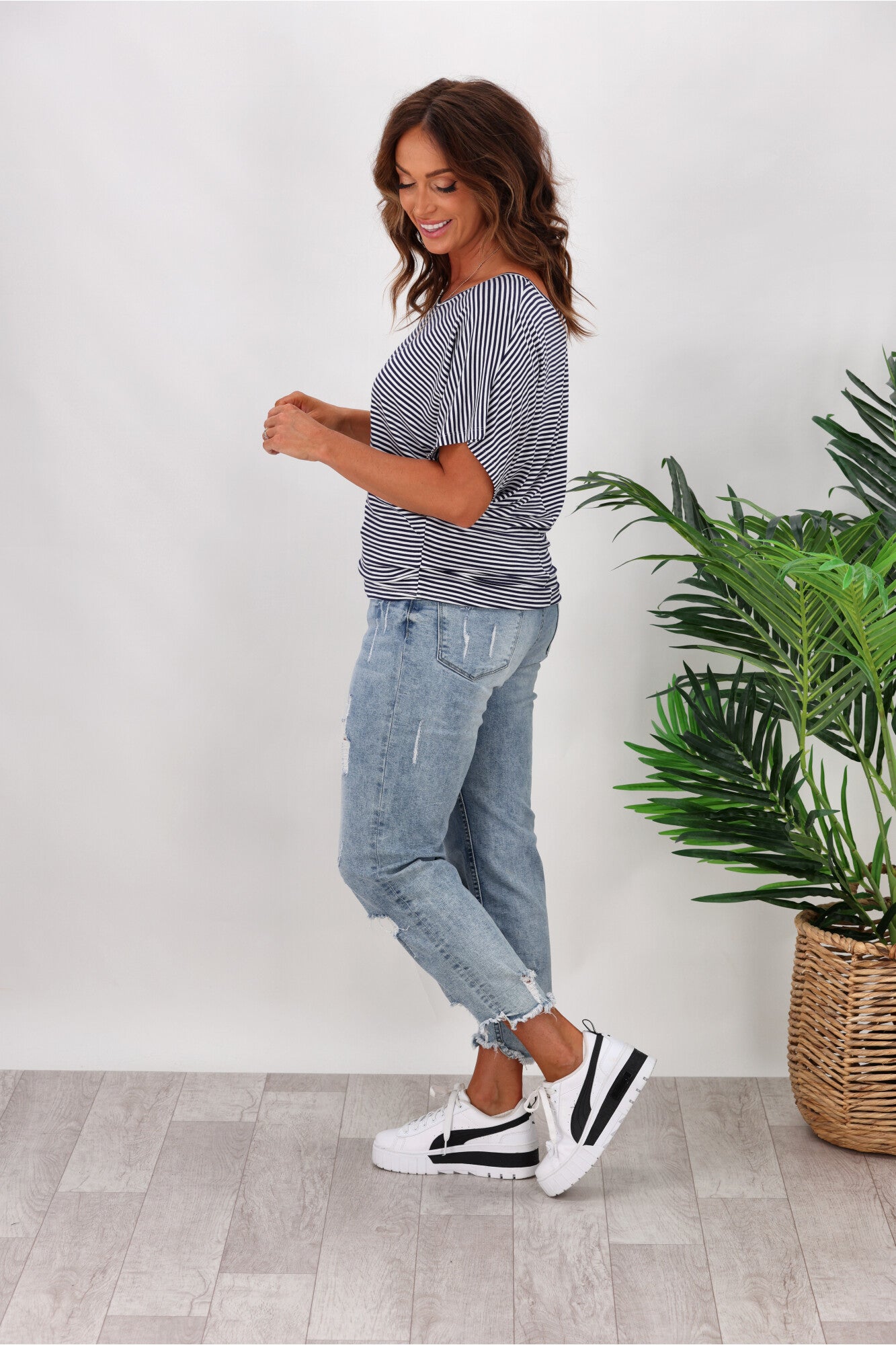 Betty Basics Maui Tee - Soft Cotton Short Sleeve Striped T-Shirt for Women | Blue & White Stripes | Casual Summer Beach Wear & Vacation Outfit