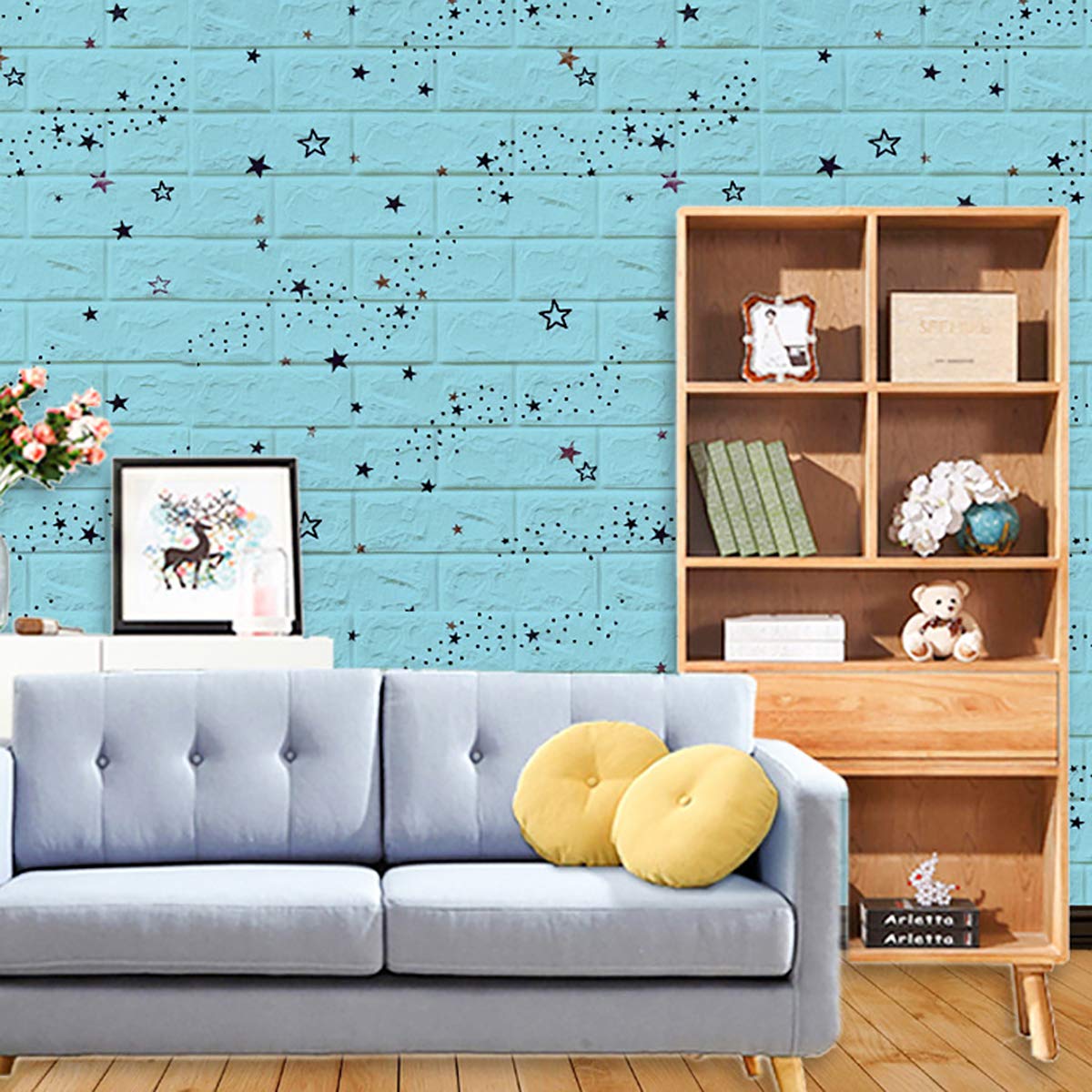 Queenbox - 2 Pack 27.6 x 30 Inch Self-Adhesive Brick Foam Wall Panels, Peel and Stick Wallpaper for Home Decor, Bedroom, Kitchen Wall Covering, Light Blue - Easy DIY Backsplash & Accent Wall Upgrade