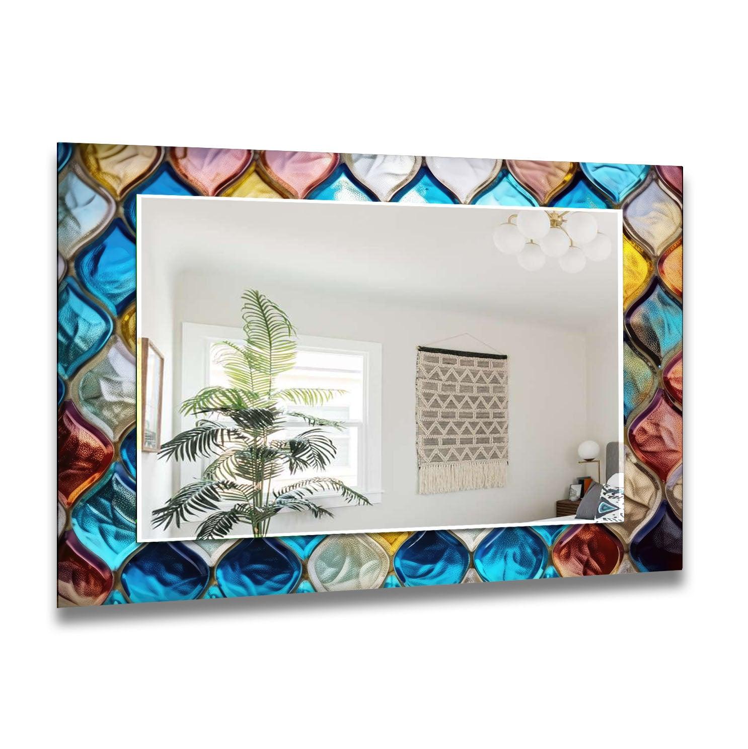 Blue Mosaic Stones Wall Mirror - Handcrafted Decorative Bathroom & Living Room Mirror with Stunning Glass Tile Design - Perfect for Home Decor, Vanity, and Entryway