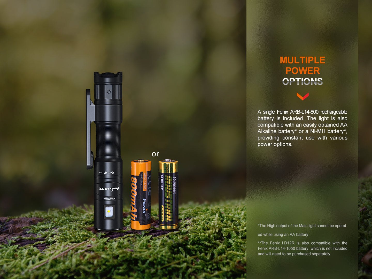 Fenix LD12R Rechargeable Dual Light Flashlight - 300 Lumens, Compact EDC Flashlight for Camping, Hiking & Emergency Use