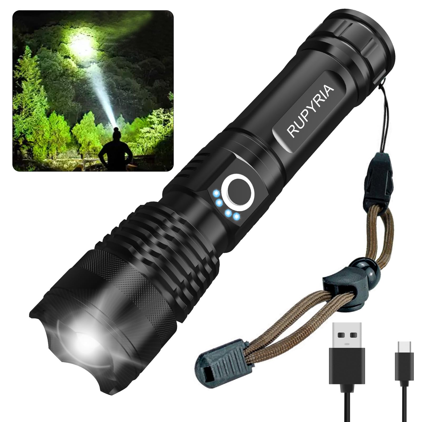 Rupyria 150,000 Lumen Super Bright Rechargeable LED Flashlight - 5 Light Modes, Handheld EDC Flashlight for Camping, Hiking, Emergencies & Power Outages
