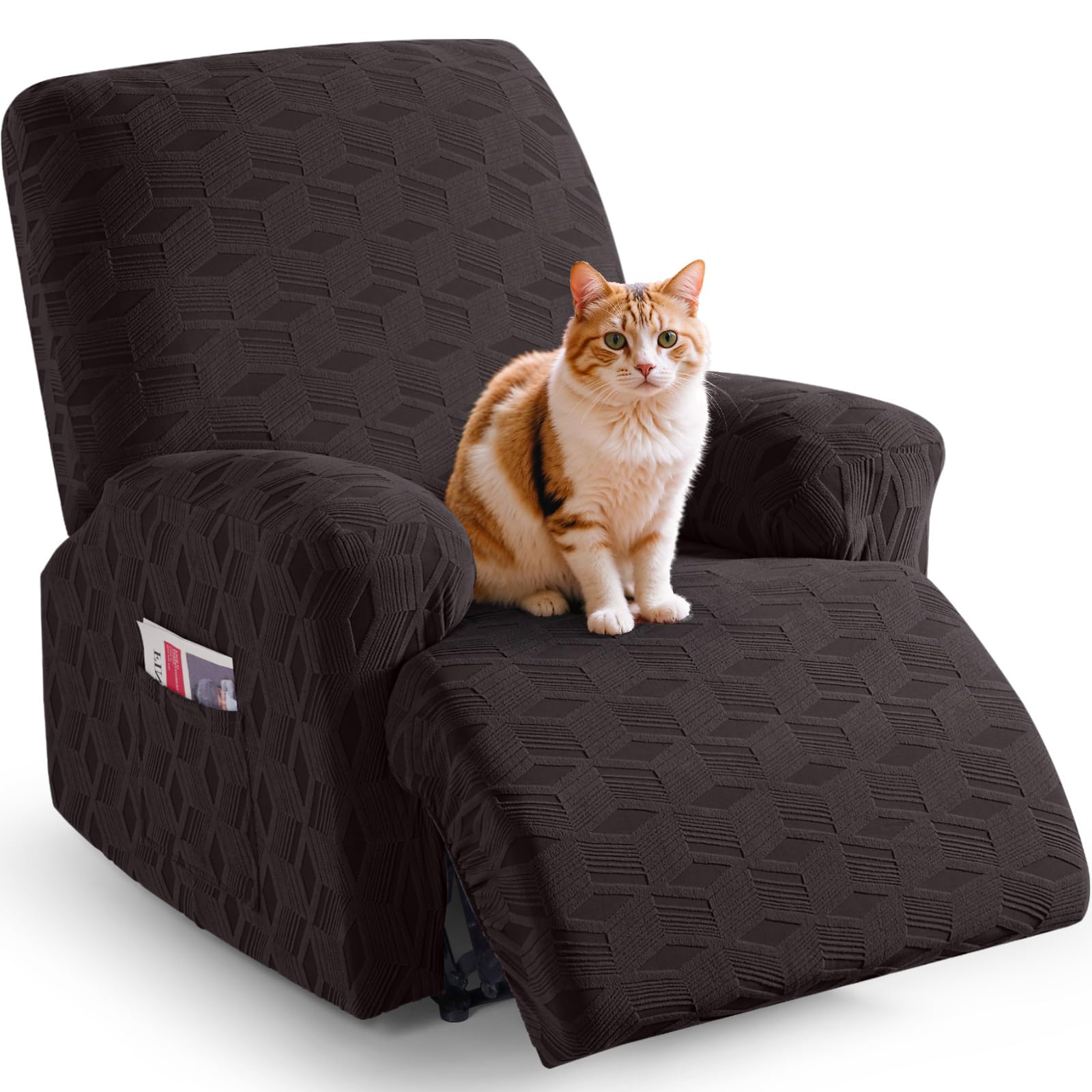 TAOCOCO Oversized Recliner Cover - Stretch Jacquard Reclining Chair Slipcover with Elastic Bottom, Furniture Protector for Sofa & Couch - Pet & Kid Friendly - Chocolate Brown - Perfect for Living Room, Family Room & Home Theater