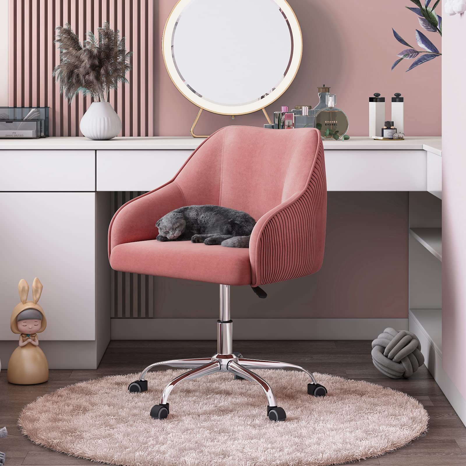 Cute Pink Velvet Desk Chair with Wheels and Arms for Teen Girls - Ergonomic Swivel Rolling Task Chair for Home Office, Bedroom, Makeup Vanity - Comfy Computer Chair for Studying, Working, Gaming & Relaxing