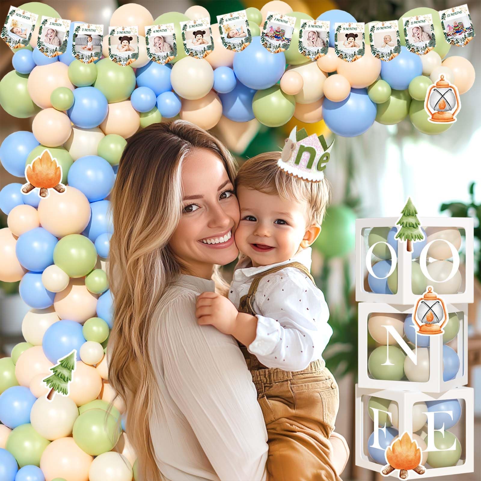 One Happy Camper Birthday Decorations - First Birthday Party Supplies for Boys with Camping Theme, Backdrop, Balloon Garland, Photo Banner, Cake Topper, Box Cutout, Crown & Poster | Perfect for Forest Tent Themed 1st Birthday Celebrations & Outdoor Adventure Parties
