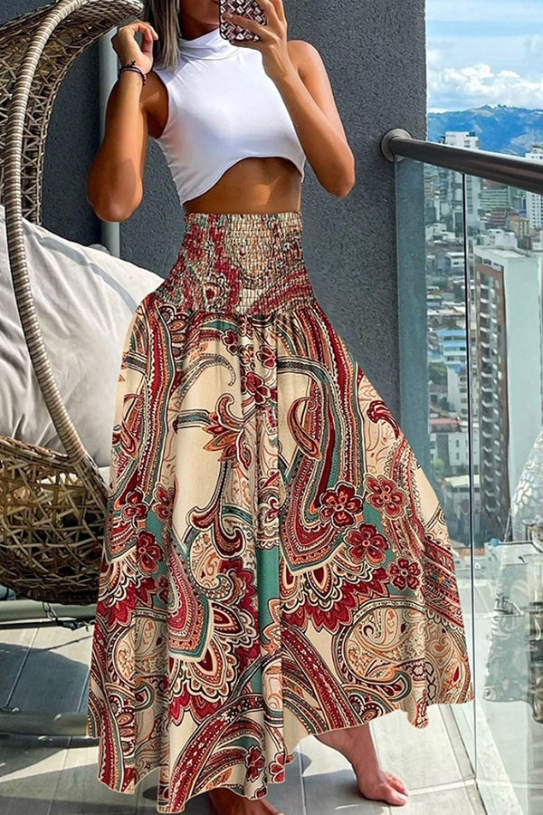 Stylish Printed Pleated Elastic Waist Maxi Skirt for Women | Holiday & Casual Wear | Perfect for Beach Vacations, Summer Outings & Festive Occasions