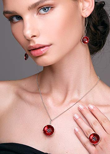 Enamel Jewelry Gift Set for Women - Red Floral Bridal Jewelry, Silver Wedding Jewelry Set, Mother's Day Gift - Perfect for Weddings, Anniversaries & Special Occasions